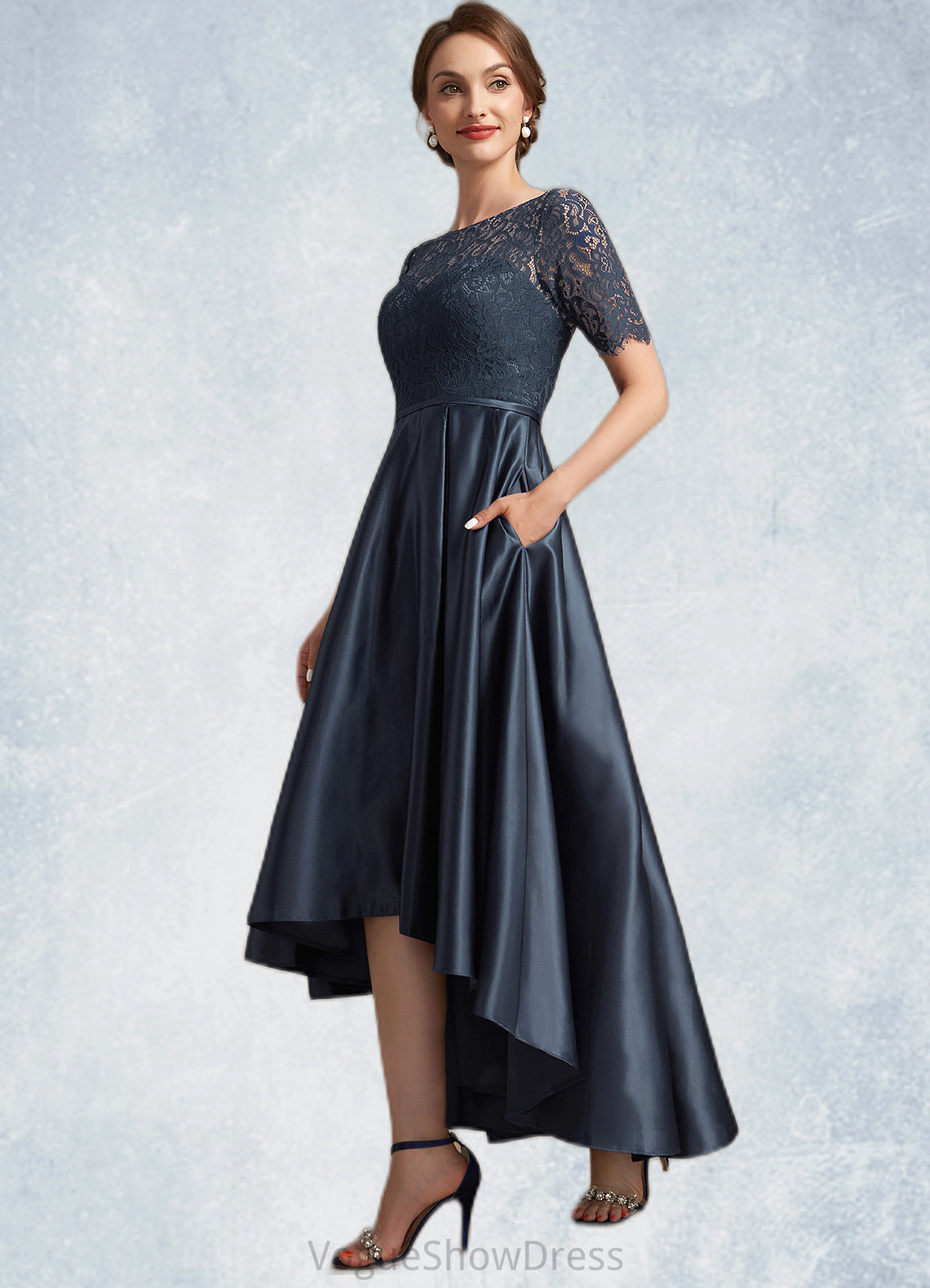 Emerson A-Line Scoop Neck Asymmetrical Satin Lace Mother of the Bride Dress DL126P0014647