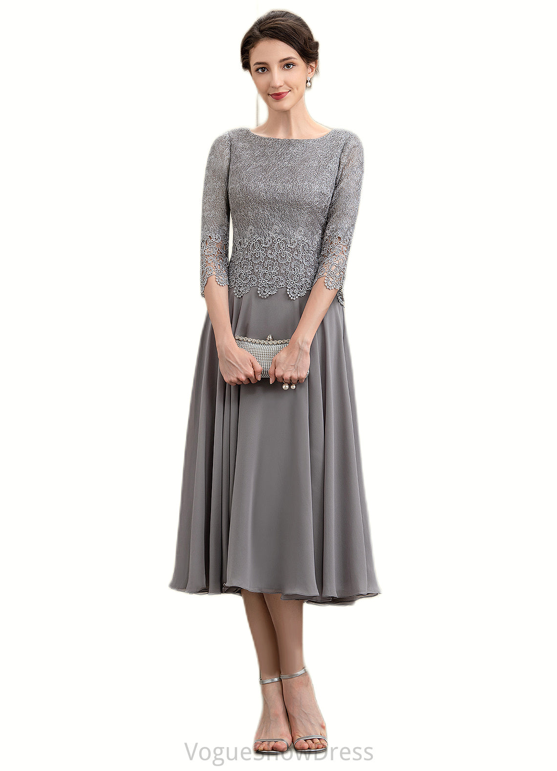 Riya A-Line Scoop Neck Tea-Length Chiffon Lace Mother of the Bride Dress DL126P0014648