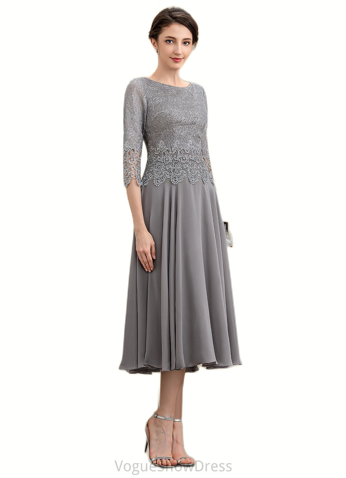 Riya A-Line Scoop Neck Tea-Length Chiffon Lace Mother of the Bride Dress DL126P0014648