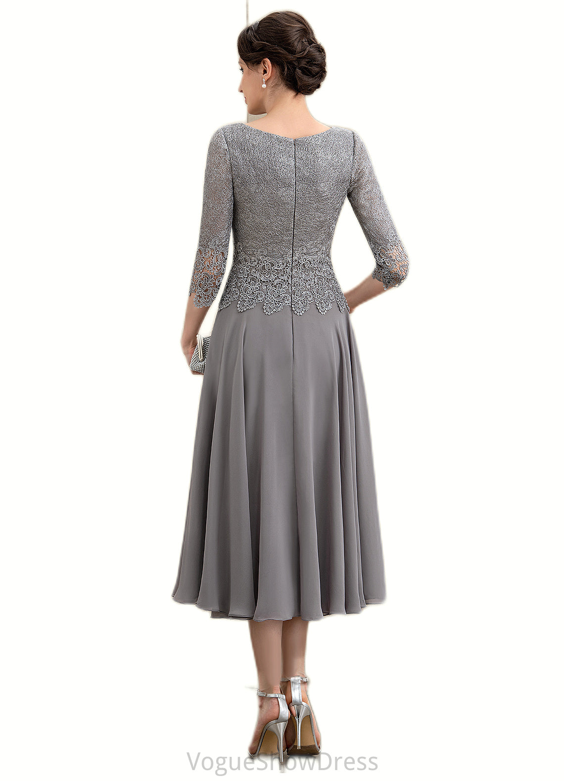 Riya A-Line Scoop Neck Tea-Length Chiffon Lace Mother of the Bride Dress DL126P0014648