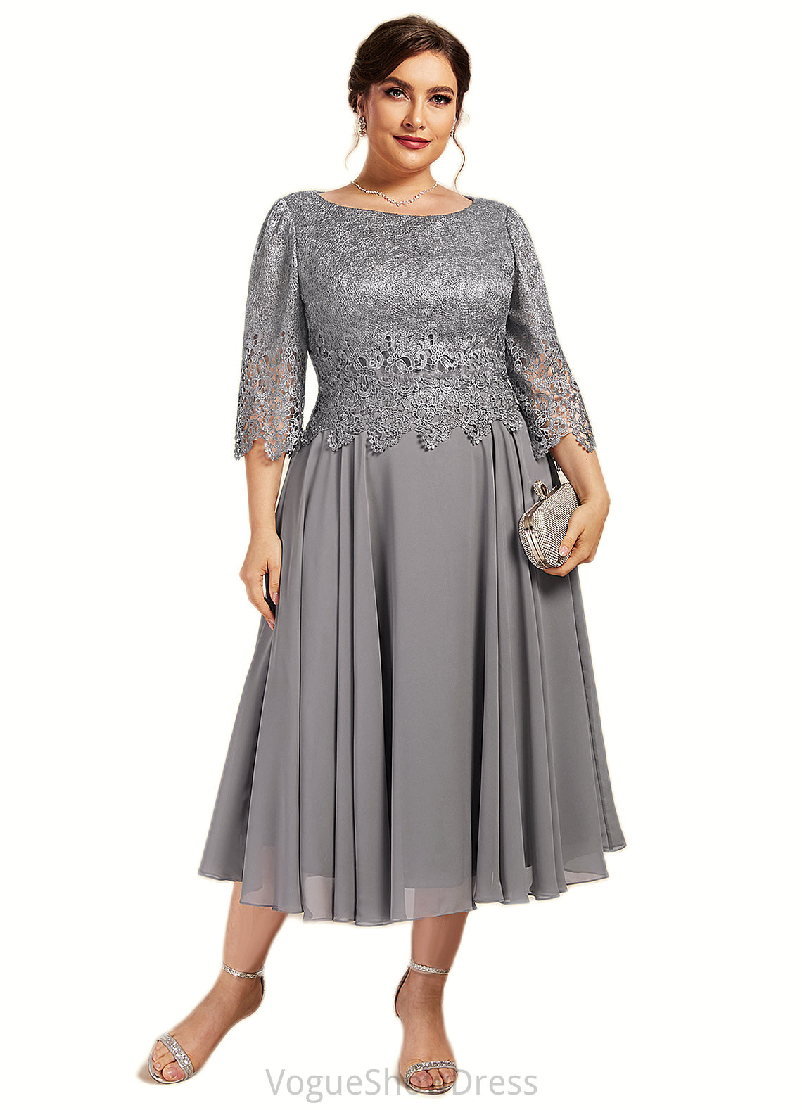 Riya A-Line Scoop Neck Tea-Length Chiffon Lace Mother of the Bride Dress DL126P0014648