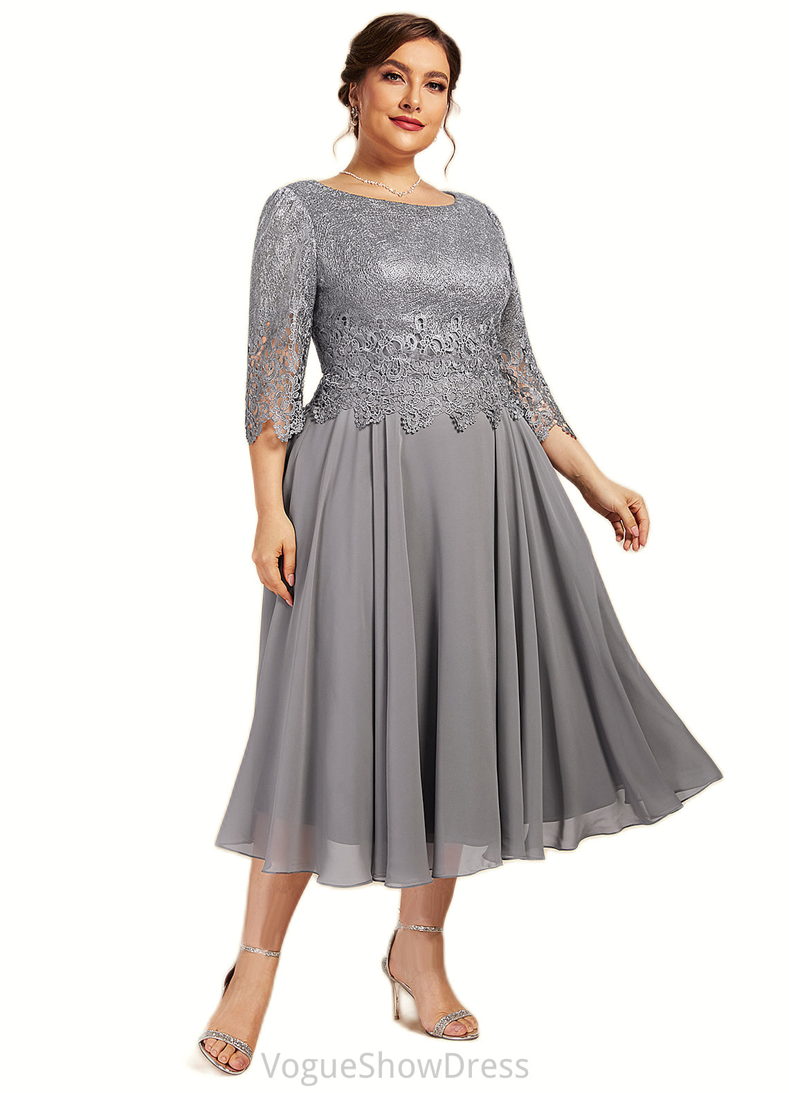 Riya A-Line Scoop Neck Tea-Length Chiffon Lace Mother of the Bride Dress DL126P0014648