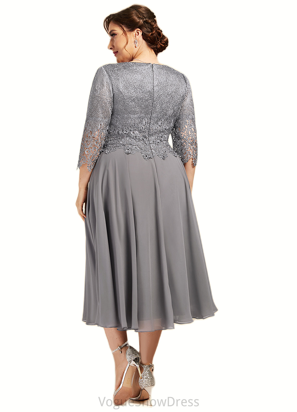 Riya A-Line Scoop Neck Tea-Length Chiffon Lace Mother of the Bride Dress DL126P0014648