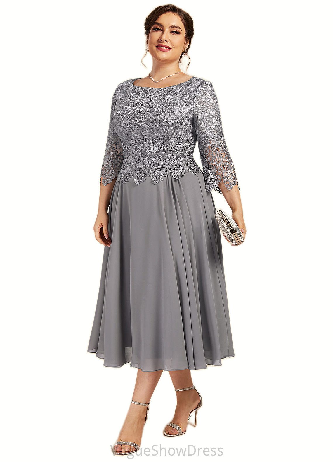 Riya A-Line Scoop Neck Tea-Length Chiffon Lace Mother of the Bride Dress DL126P0014648