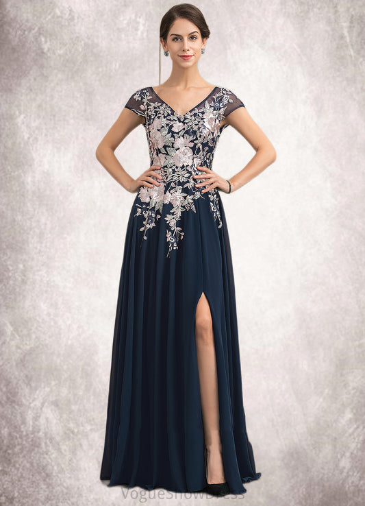 Yvonne A-Line V-neck Floor-Length Chiffon Lace Mother of the Bride Dress With Split Front DL126P0014649