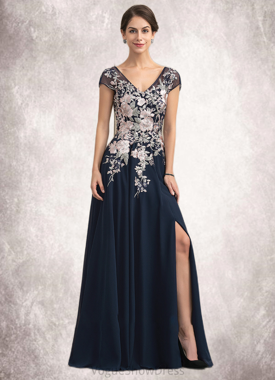 Yvonne A-Line V-neck Floor-Length Chiffon Lace Mother of the Bride Dress With Split Front DL126P0014649