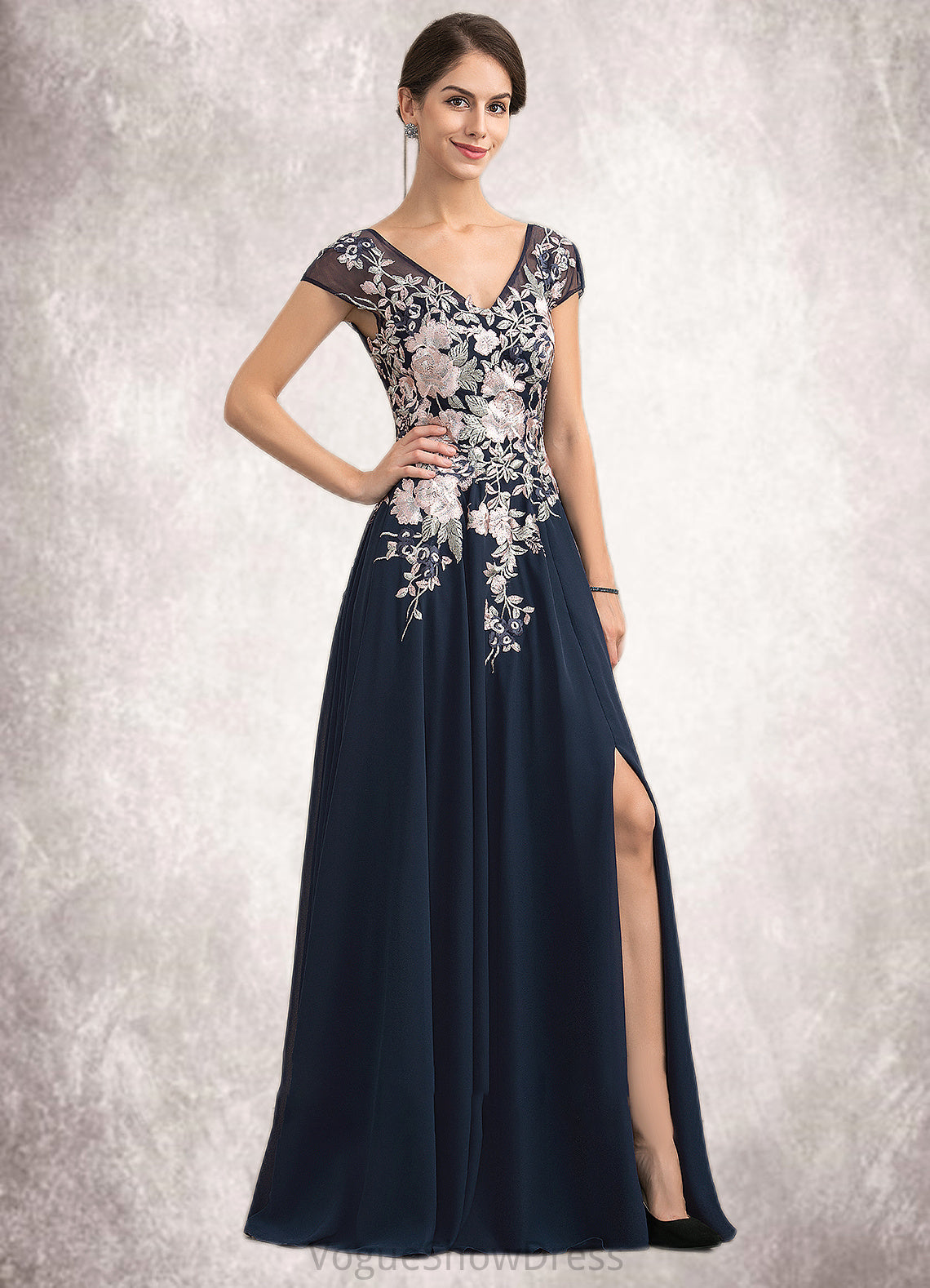 Yvonne A-Line V-neck Floor-Length Chiffon Lace Mother of the Bride Dress With Split Front DL126P0014649