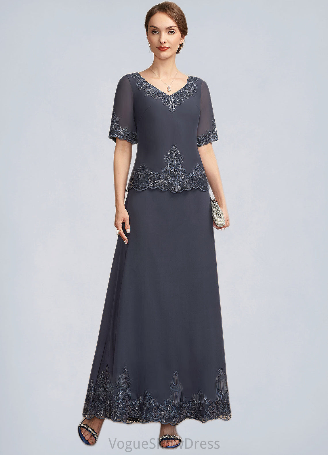 Jacquelyn A-Line V-neck Ankle-Length Chiffon Lace Mother of the Bride Dress With Sequins DL126P0014650