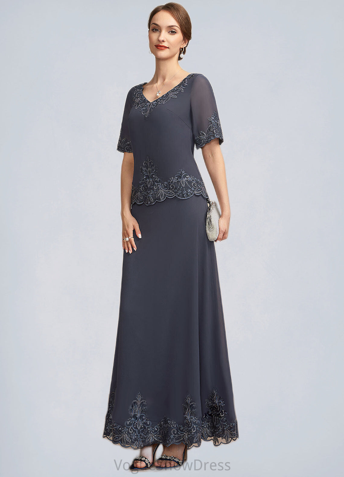 Jacquelyn A-Line V-neck Ankle-Length Chiffon Lace Mother of the Bride Dress With Sequins DL126P0014650