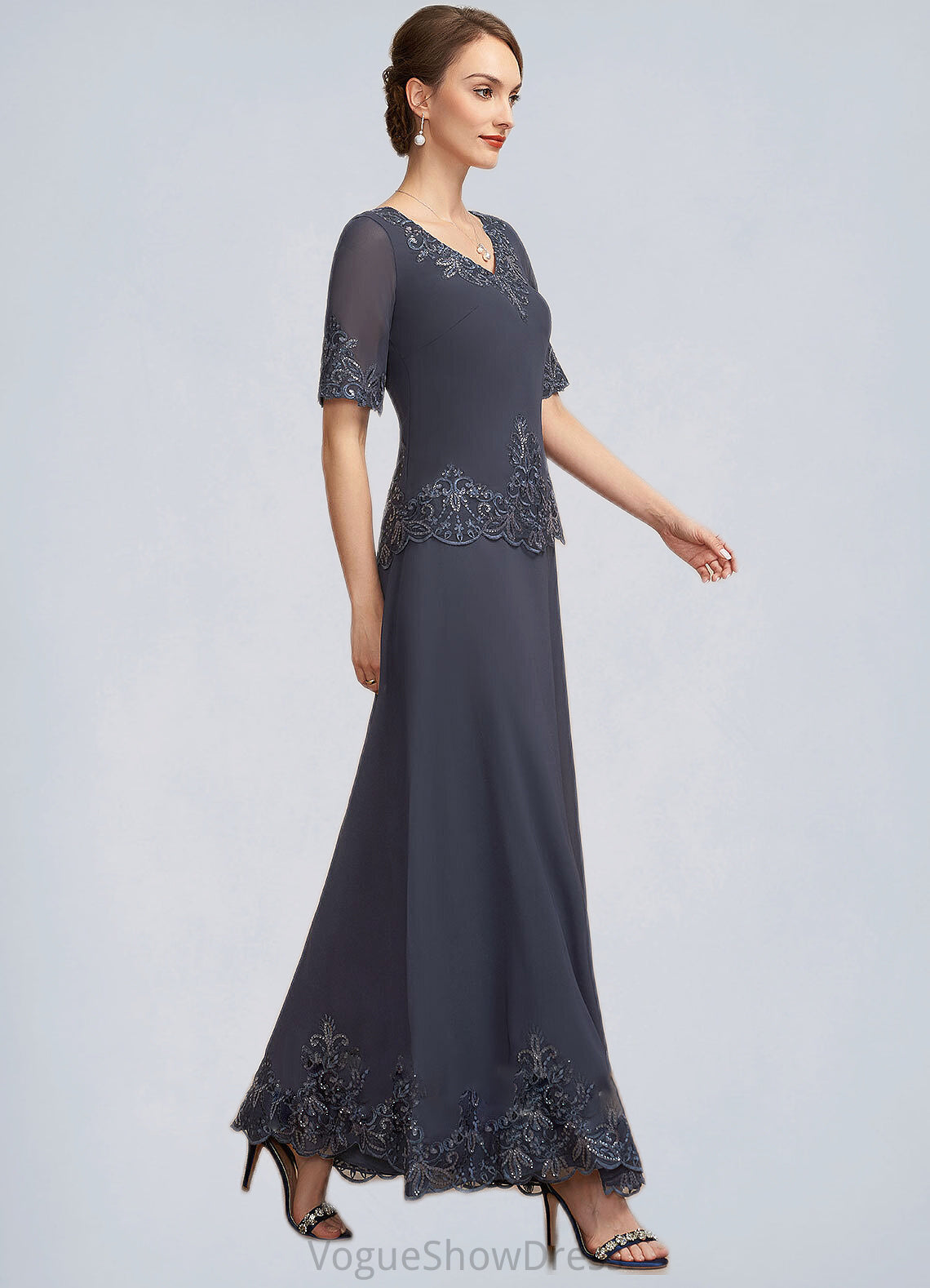 Jacquelyn A-Line V-neck Ankle-Length Chiffon Lace Mother of the Bride Dress With Sequins DL126P0014650