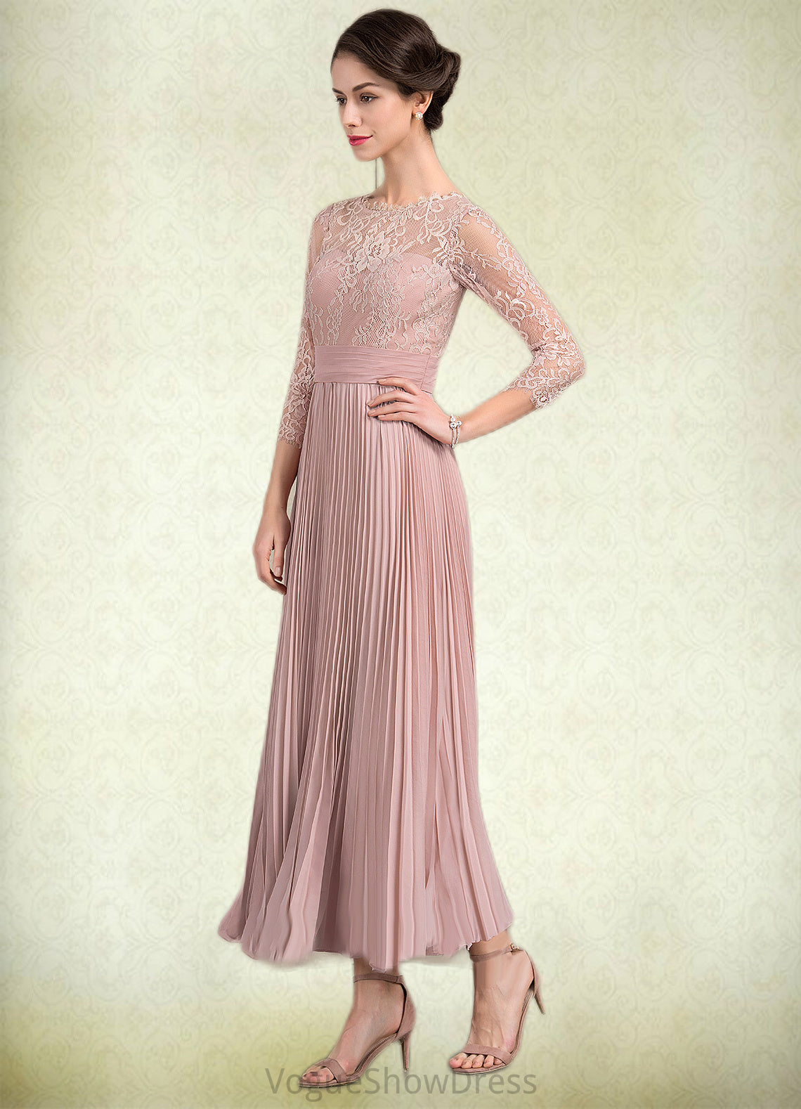 Alejandra A-Line Scoop Neck Ankle-Length Chiffon Lace Mother of the Bride Dress With Pleated DL126P0014651