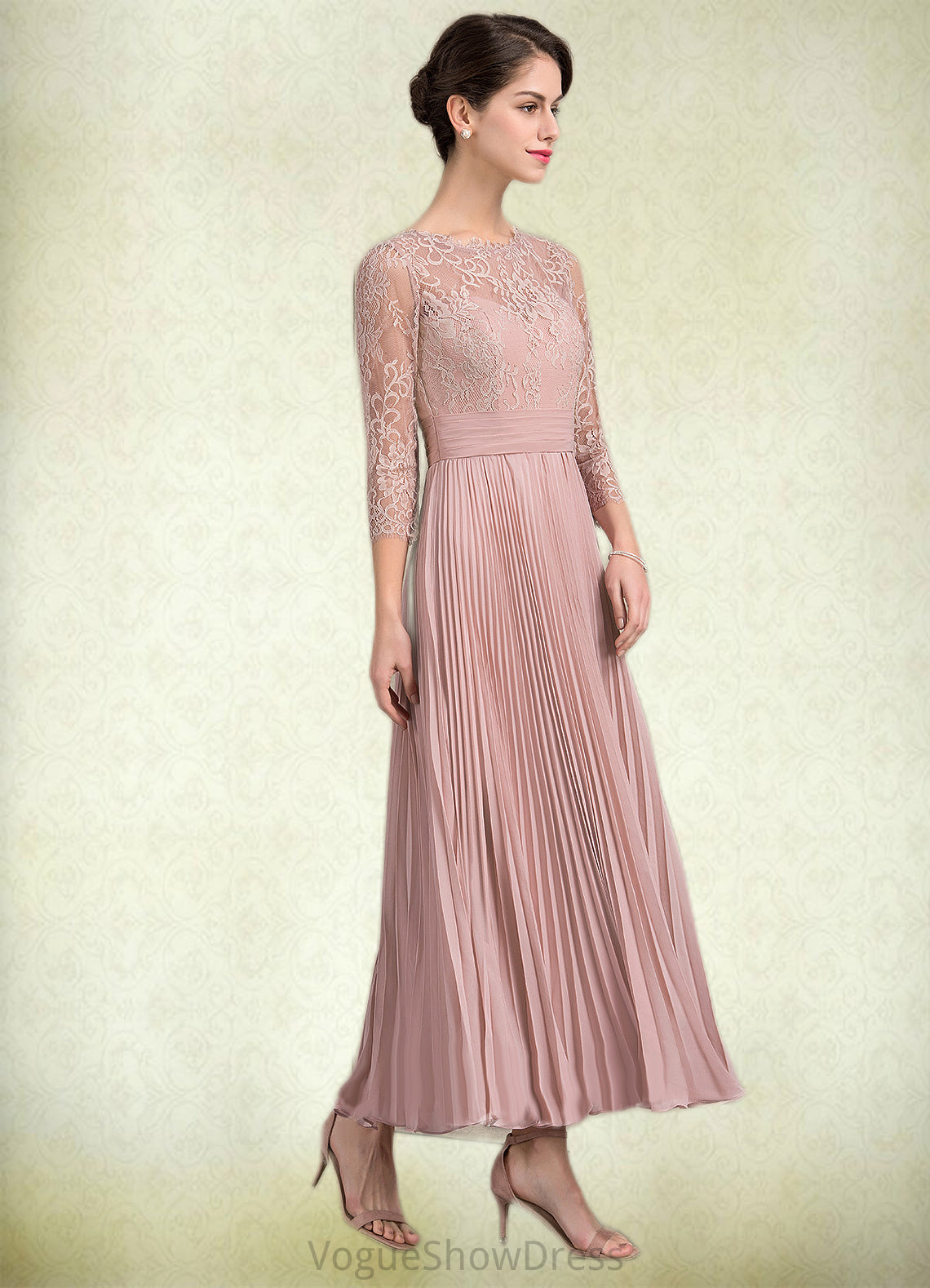 Alejandra A-Line Scoop Neck Ankle-Length Chiffon Lace Mother of the Bride Dress With Pleated DL126P0014651