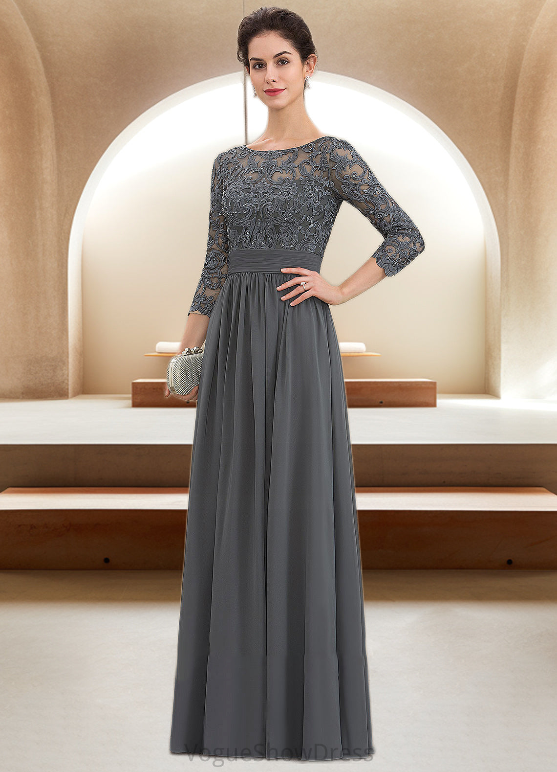 Aurora A-Line Scoop Neck Floor-Length Chiffon Lace Mother of the Bride Dress With Ruffle Beading Sequins DL126P0014652