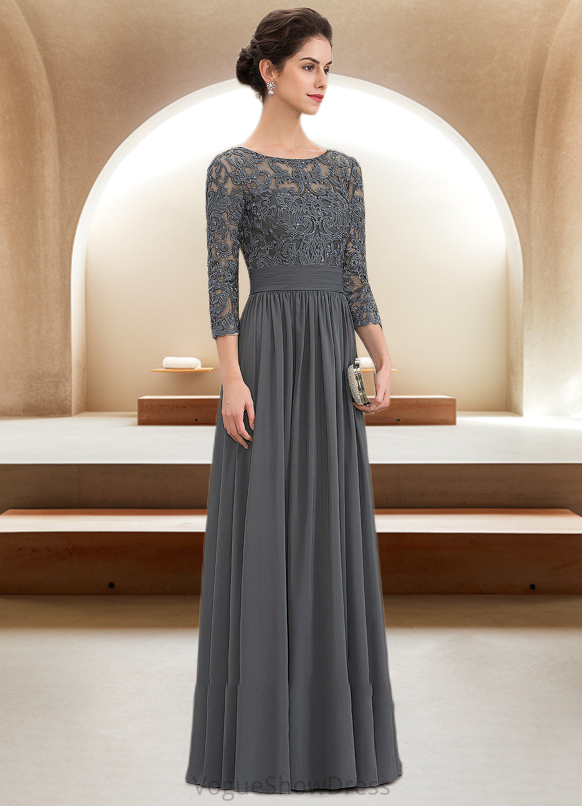 Aurora A-Line Scoop Neck Floor-Length Chiffon Lace Mother of the Bride Dress With Ruffle Beading Sequins DL126P0014652