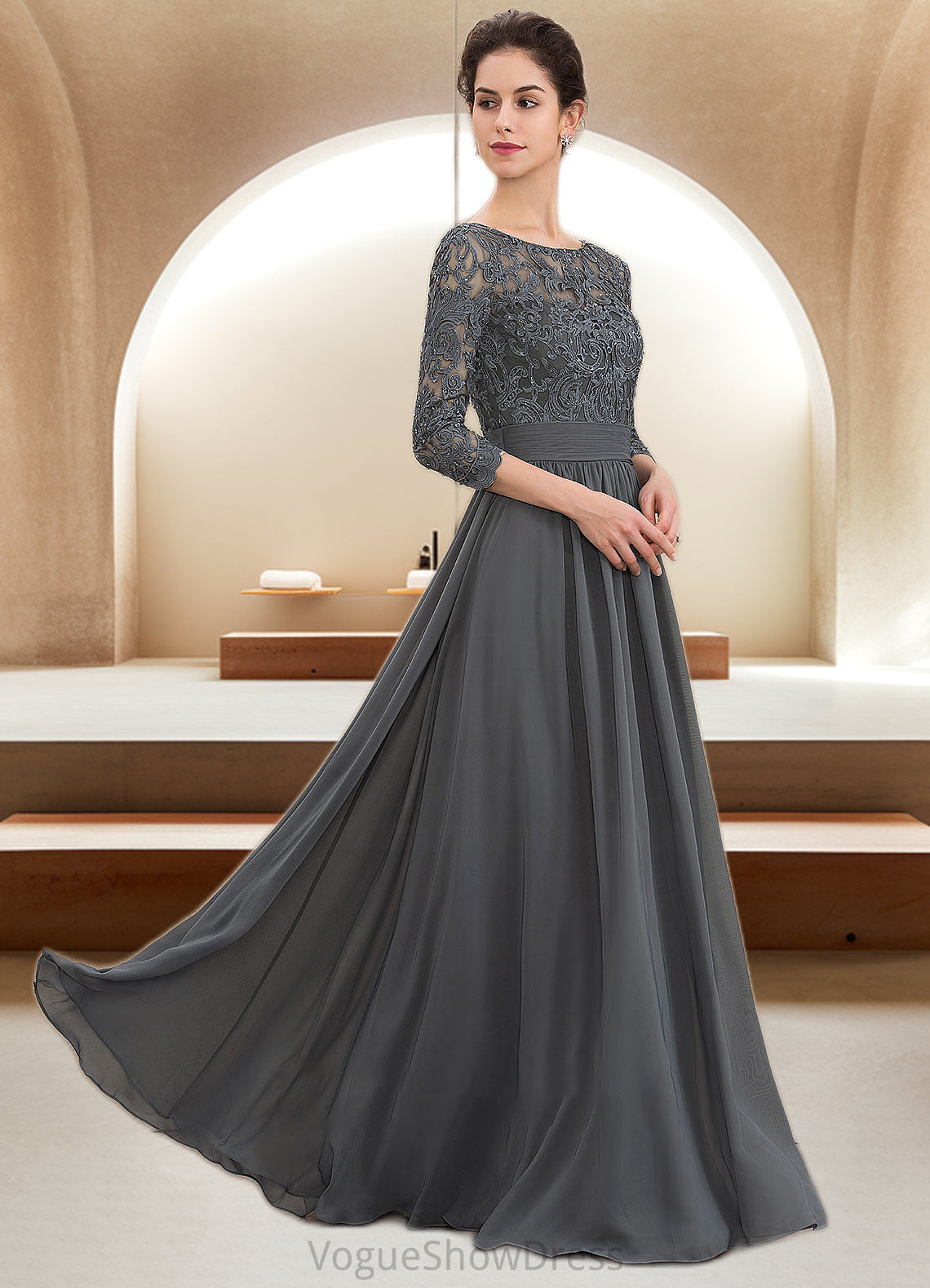 Aurora A-Line Scoop Neck Floor-Length Chiffon Lace Mother of the Bride Dress With Ruffle Beading Sequins DL126P0014652