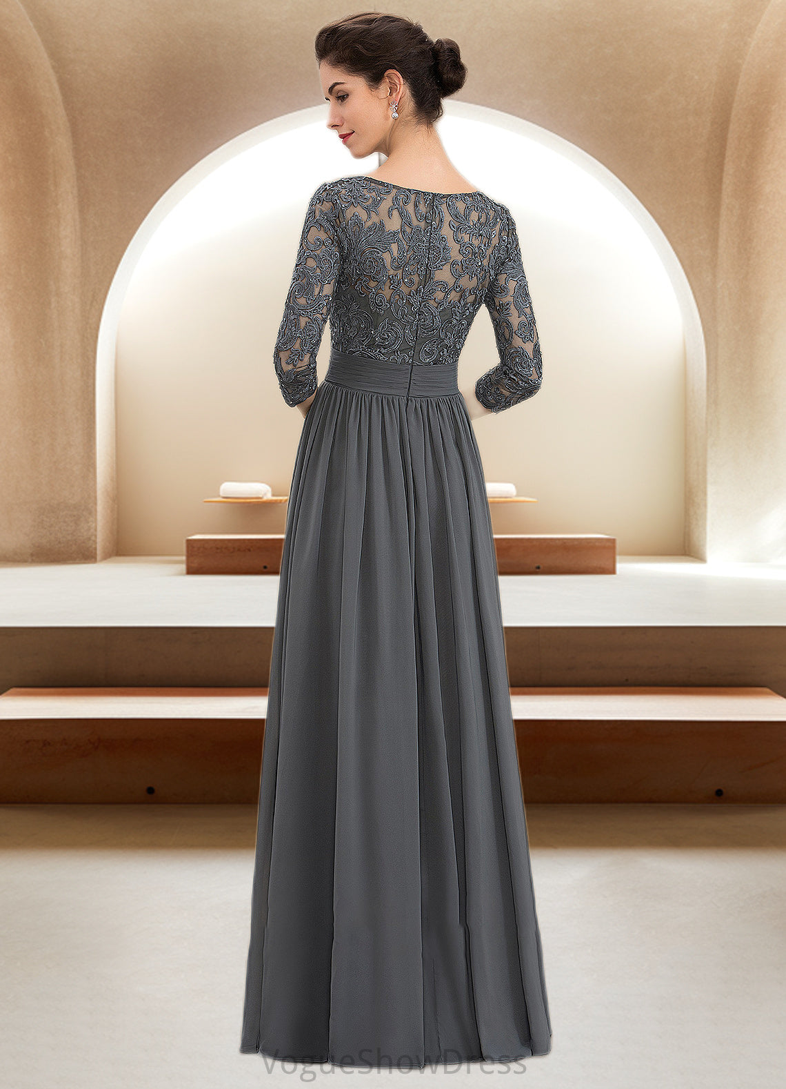 Aurora A-Line Scoop Neck Floor-Length Chiffon Lace Mother of the Bride Dress With Ruffle Beading Sequins DL126P0014652