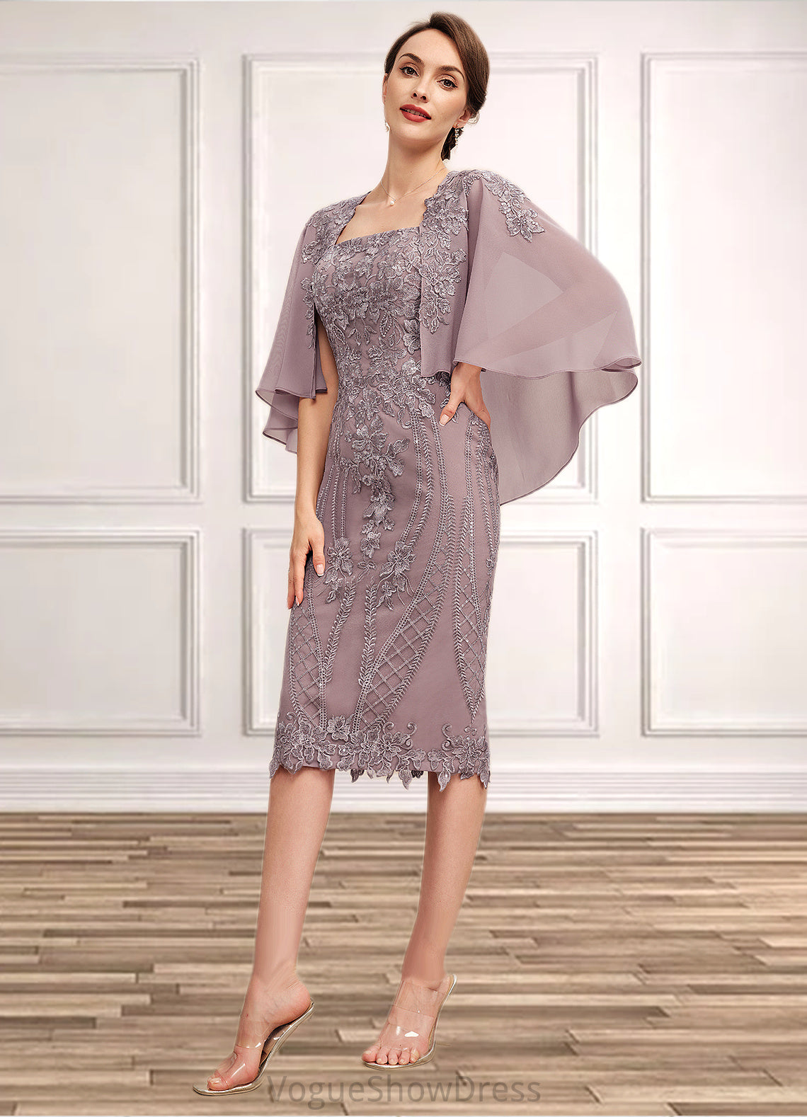 Emilie Sheath/Column Square Neckline Knee-Length Chiffon Lace Mother of the Bride Dress With Sequins DL126P0014653