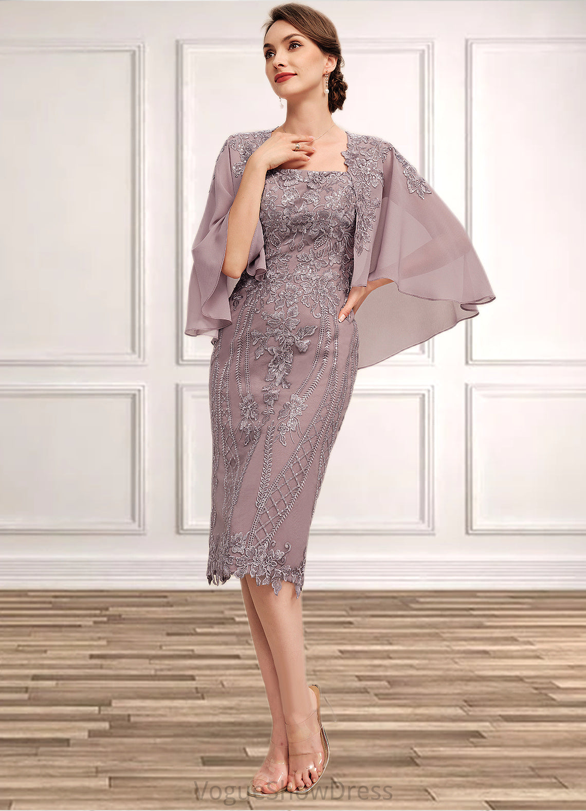 Emilie Sheath/Column Square Neckline Knee-Length Chiffon Lace Mother of the Bride Dress With Sequins DL126P0014653