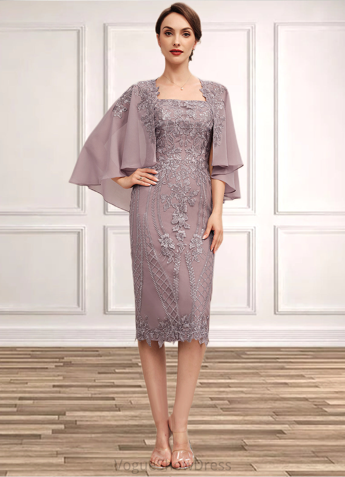 Emilie Sheath/Column Square Neckline Knee-Length Chiffon Lace Mother of the Bride Dress With Sequins DL126P0014653