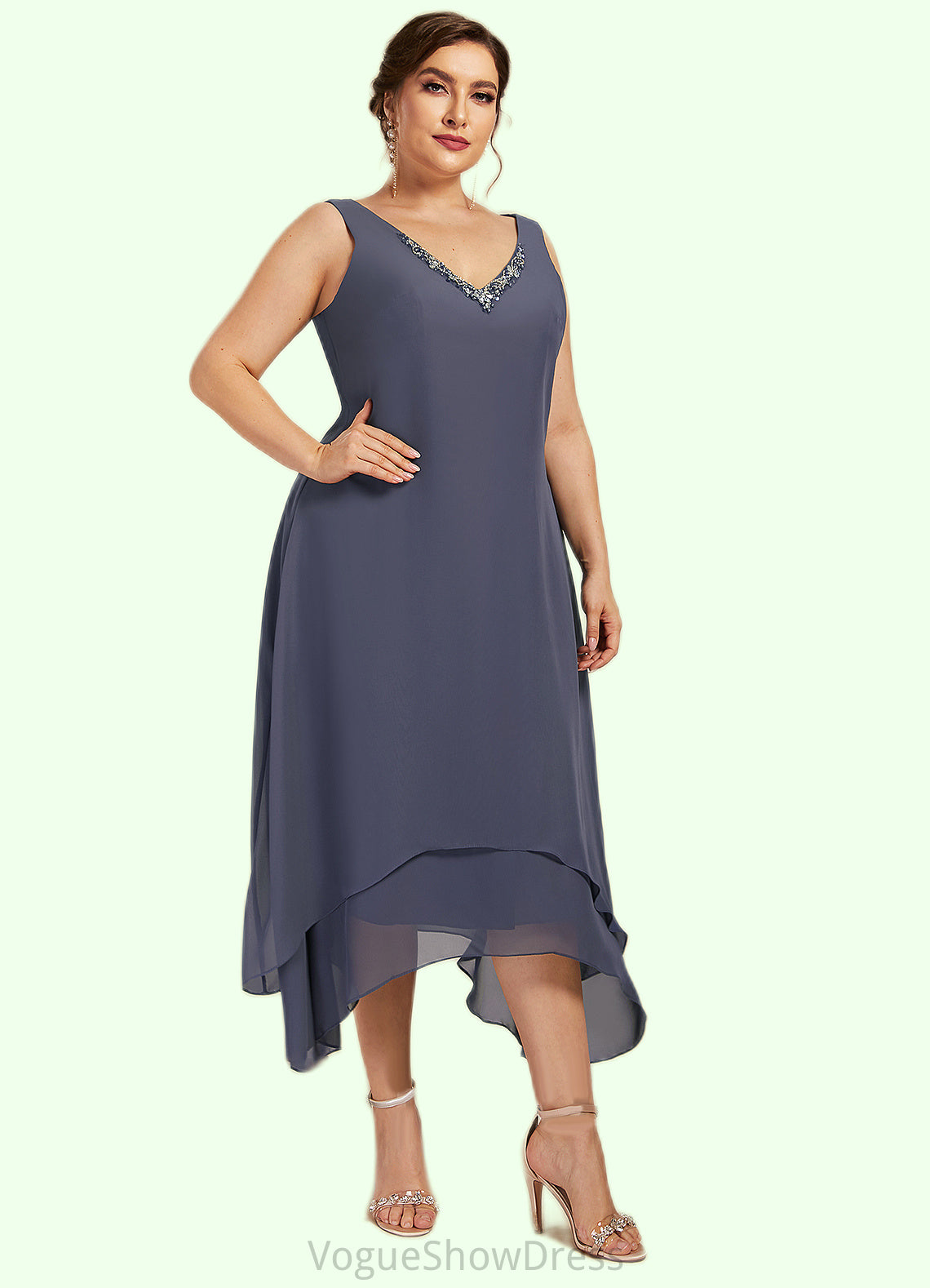 Zoe A-line V-Neck Ankle-Length Chiffon Mother of the Bride Dress With Beading DL126P0014655