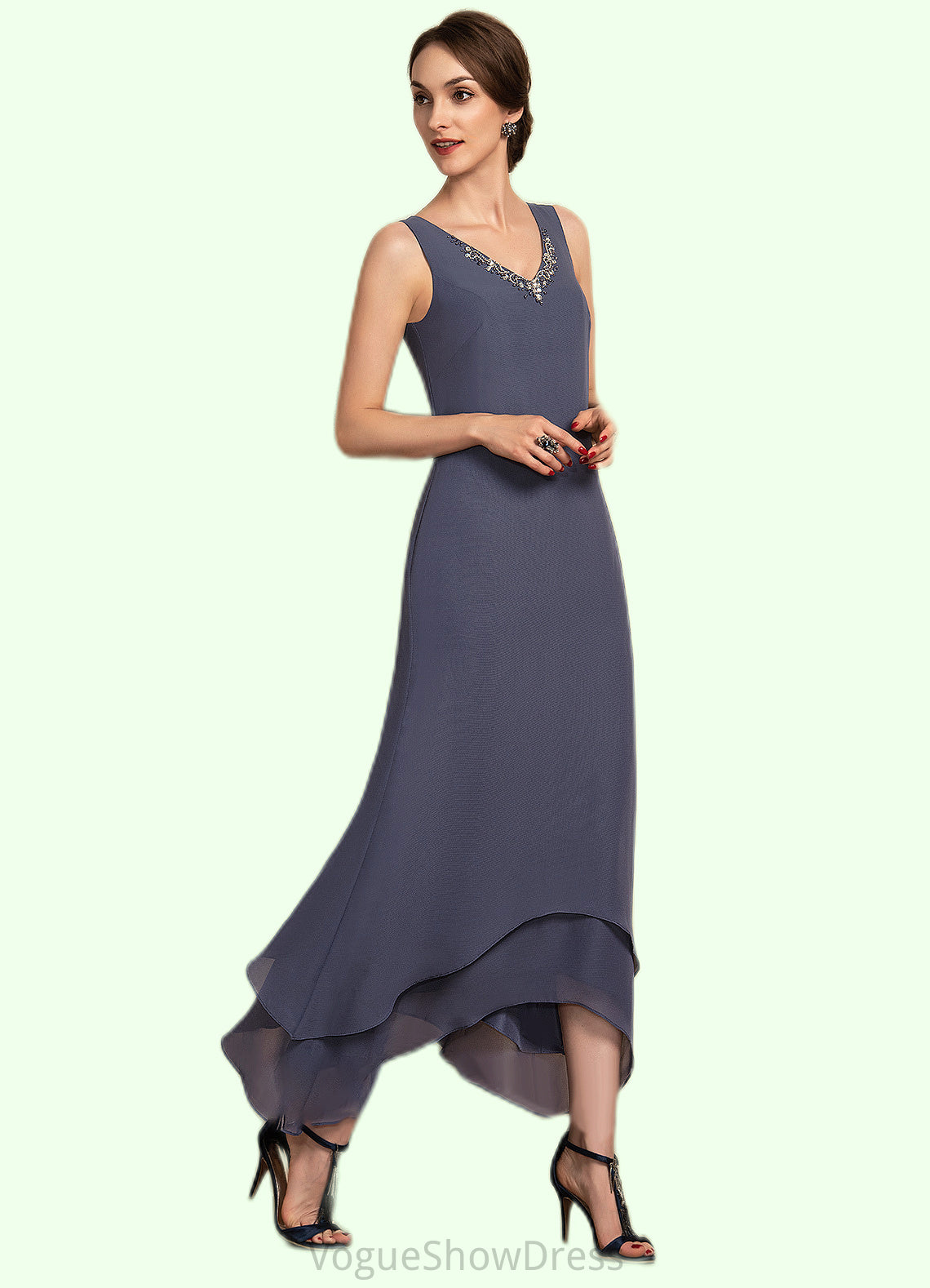 Zoe A-line V-Neck Ankle-Length Chiffon Mother of the Bride Dress With Beading DL126P0014655