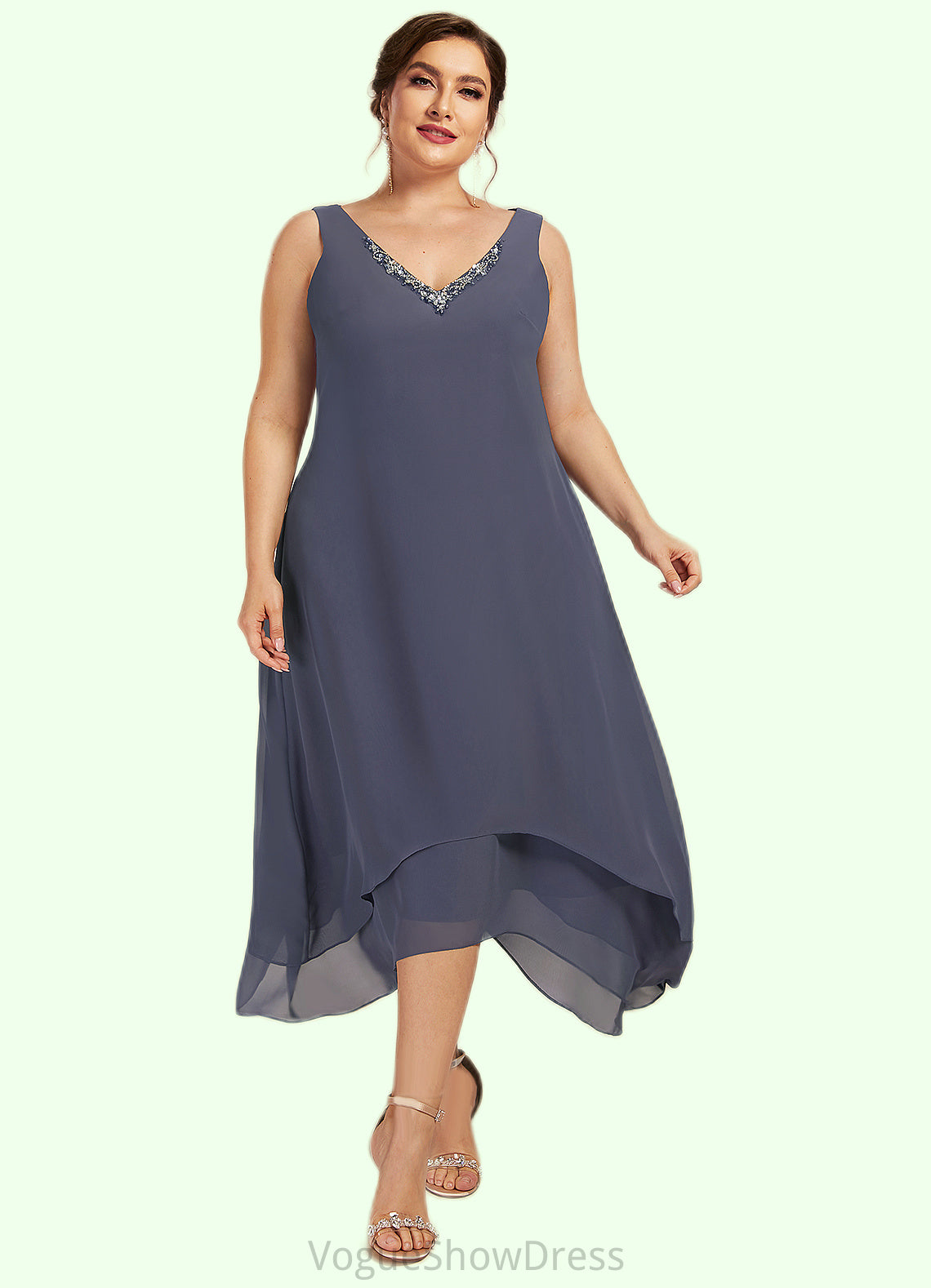 Zoe A-line V-Neck Ankle-Length Chiffon Mother of the Bride Dress With Beading DL126P0014655