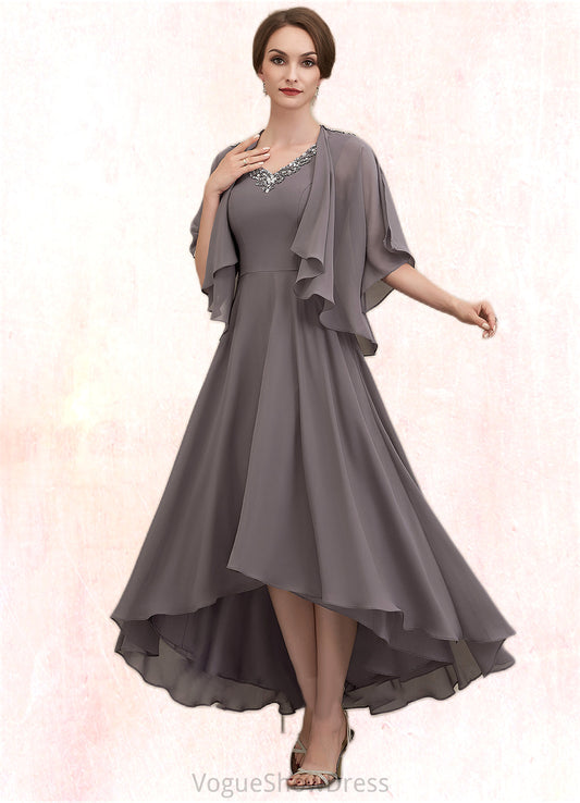 Piper A-line V-Neck Asymmetrical Chiffon Mother of the Bride Dress With Beading Sequins DL126P0014656