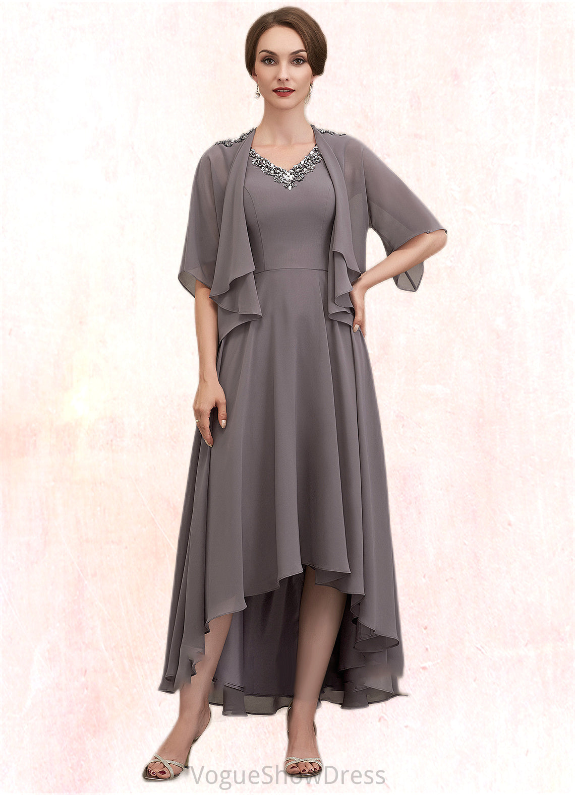 Piper A-line V-Neck Asymmetrical Chiffon Mother of the Bride Dress With Beading Sequins DL126P0014656