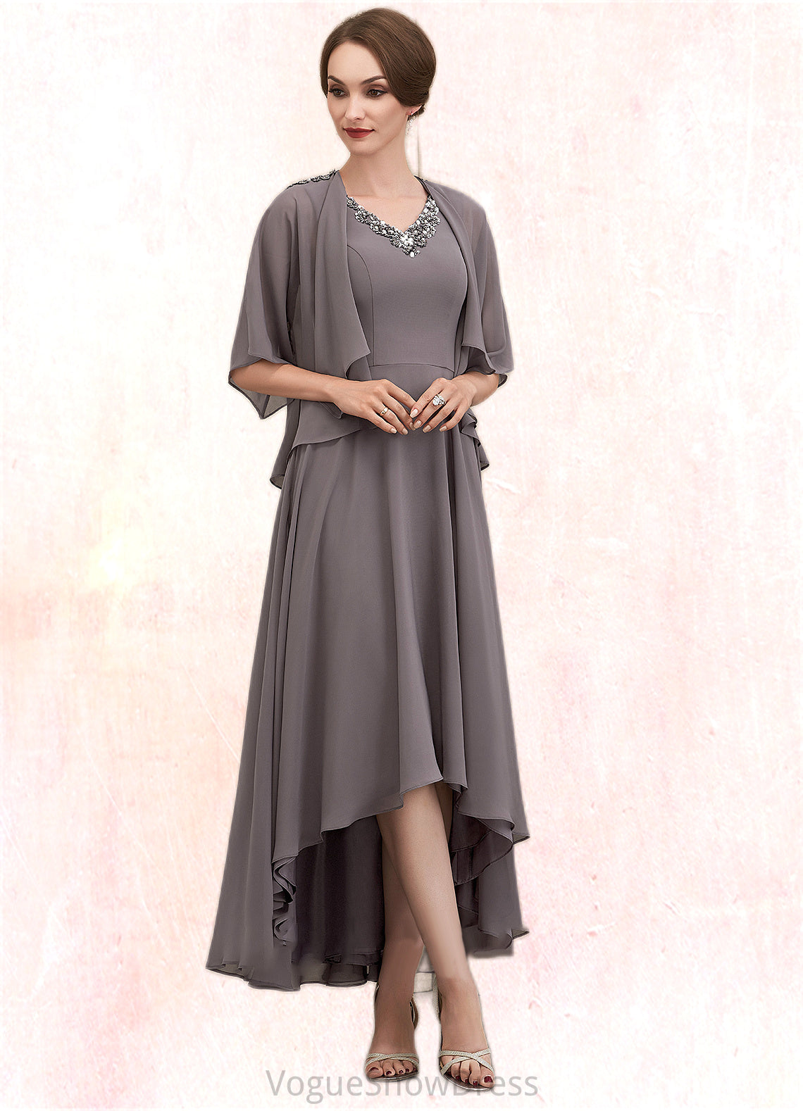 Piper A-line V-Neck Asymmetrical Chiffon Mother of the Bride Dress With Beading Sequins DL126P0014656