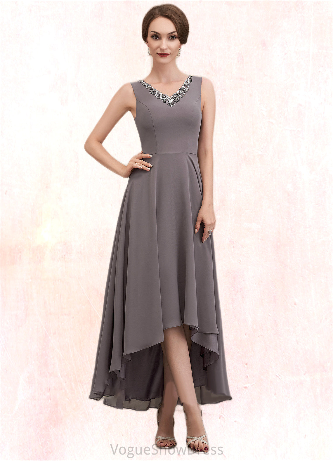 Piper A-line V-Neck Asymmetrical Chiffon Mother of the Bride Dress With Beading Sequins DL126P0014656