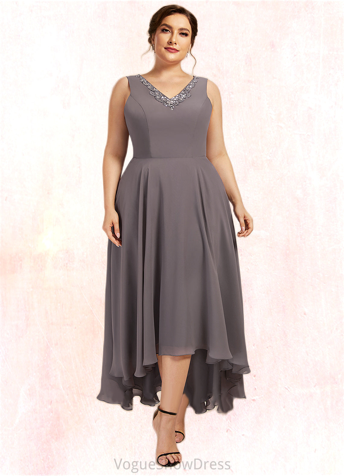 Piper A-line V-Neck Asymmetrical Chiffon Mother of the Bride Dress With Beading Sequins DL126P0014656