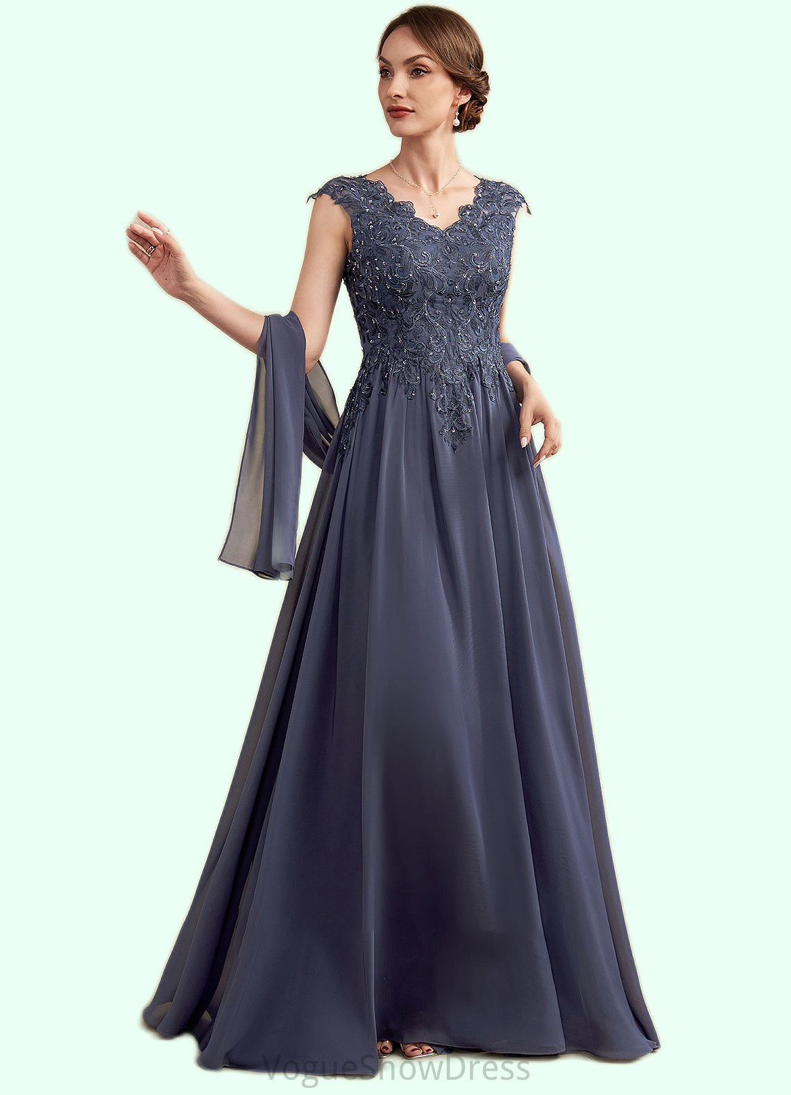 Lucy A-Line V-neck Floor-Length Chiffon Lace Mother of the Bride Dress With Beading Sequins DL126P0014657