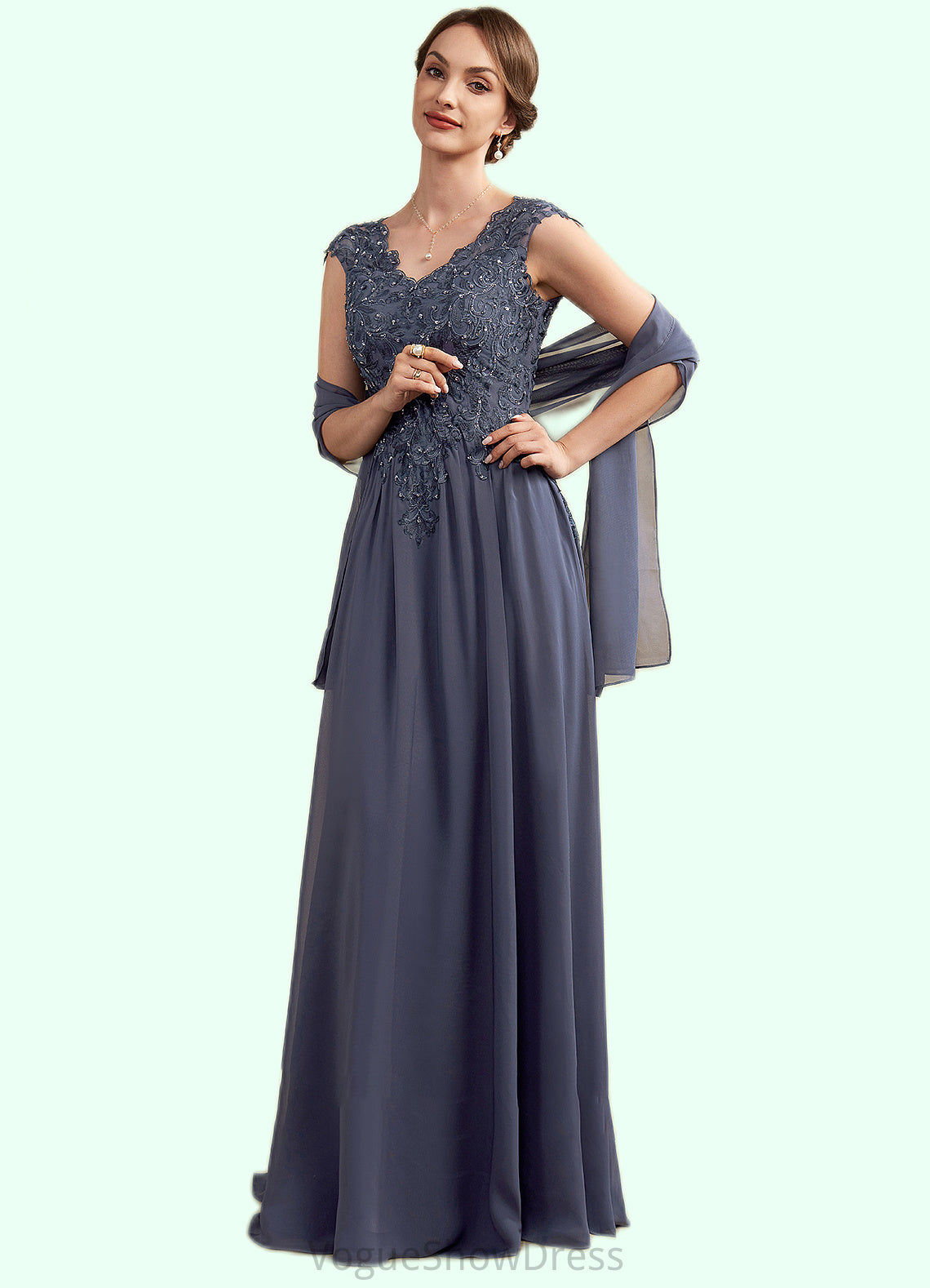 Lucy A-Line V-neck Floor-Length Chiffon Lace Mother of the Bride Dress With Beading Sequins DL126P0014657