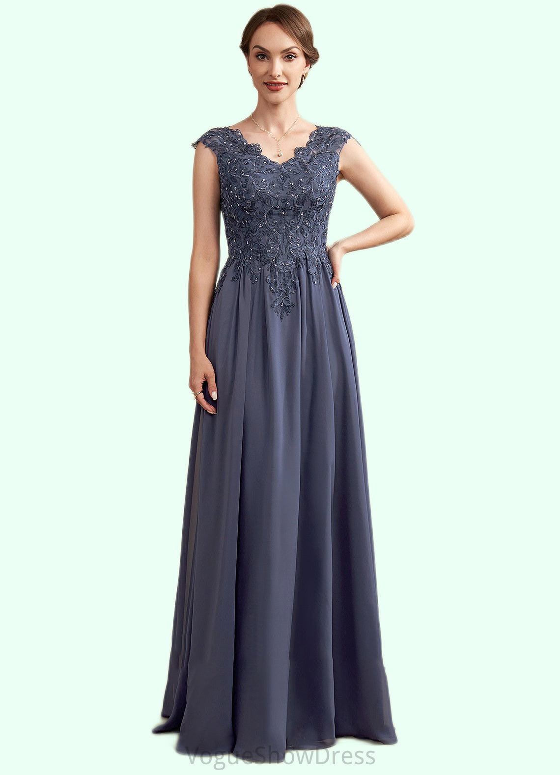 Lucy A-Line V-neck Floor-Length Chiffon Lace Mother of the Bride Dress With Beading Sequins DL126P0014657