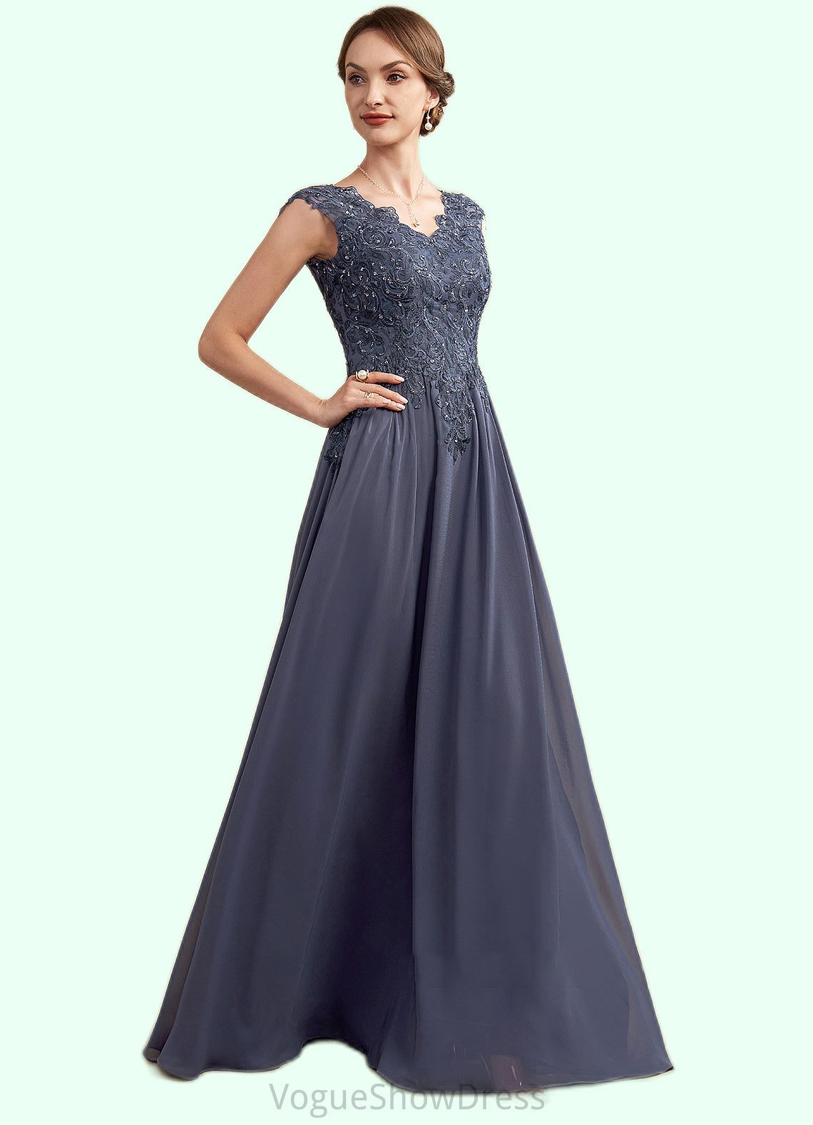 Lucy A-Line V-neck Floor-Length Chiffon Lace Mother of the Bride Dress With Beading Sequins DL126P0014657