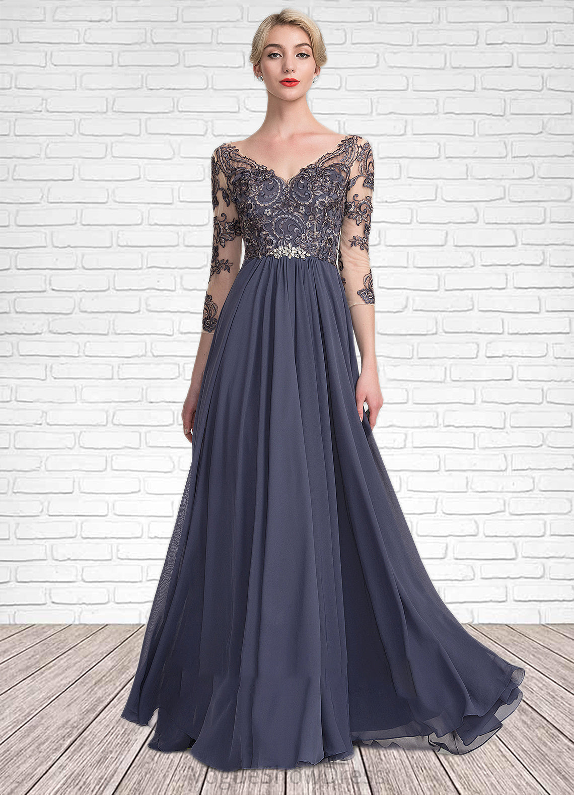 Aubrey A-Line V-neck Floor-Length Chiffon Lace Mother of the Bride Dress DL126P0014659