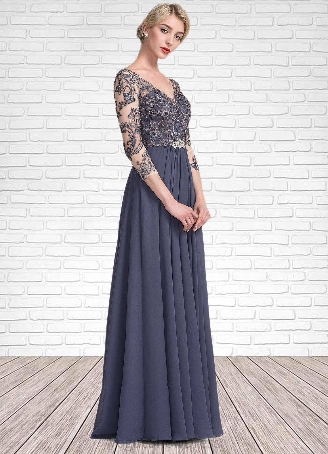 Aubrey A-Line V-neck Floor-Length Chiffon Lace Mother of the Bride Dress DL126P0014659