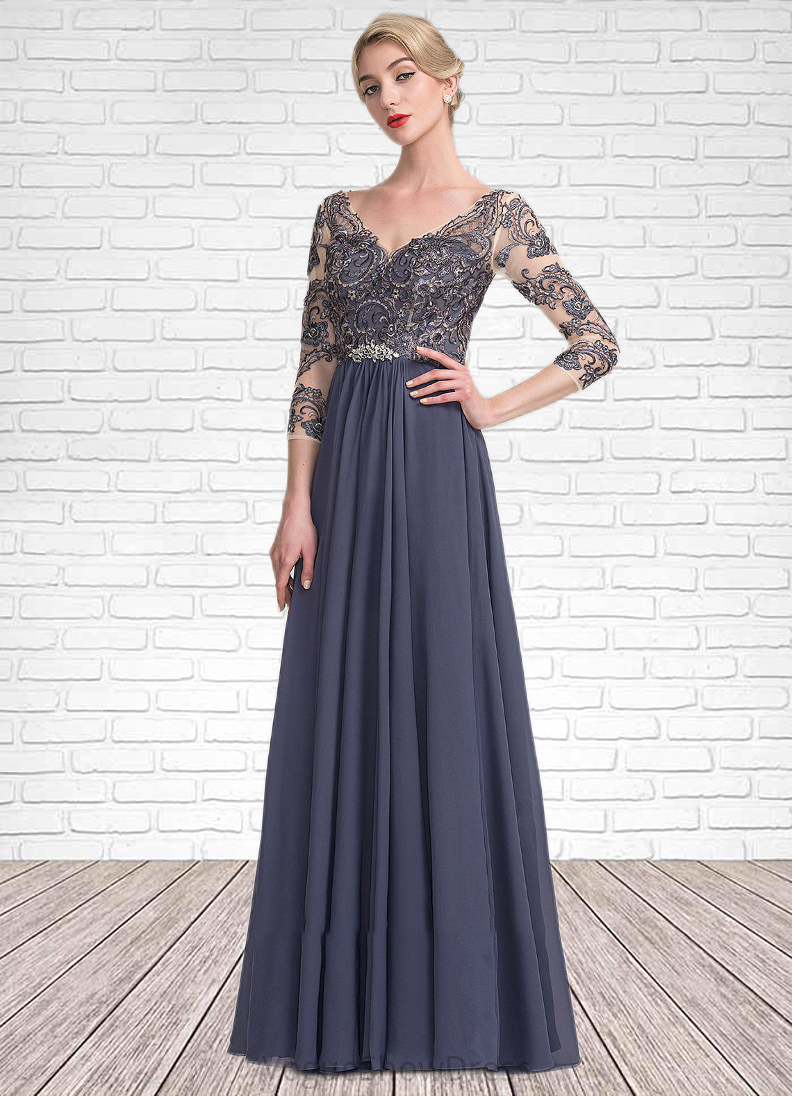 Aubrey A-Line V-neck Floor-Length Chiffon Lace Mother of the Bride Dress DL126P0014659