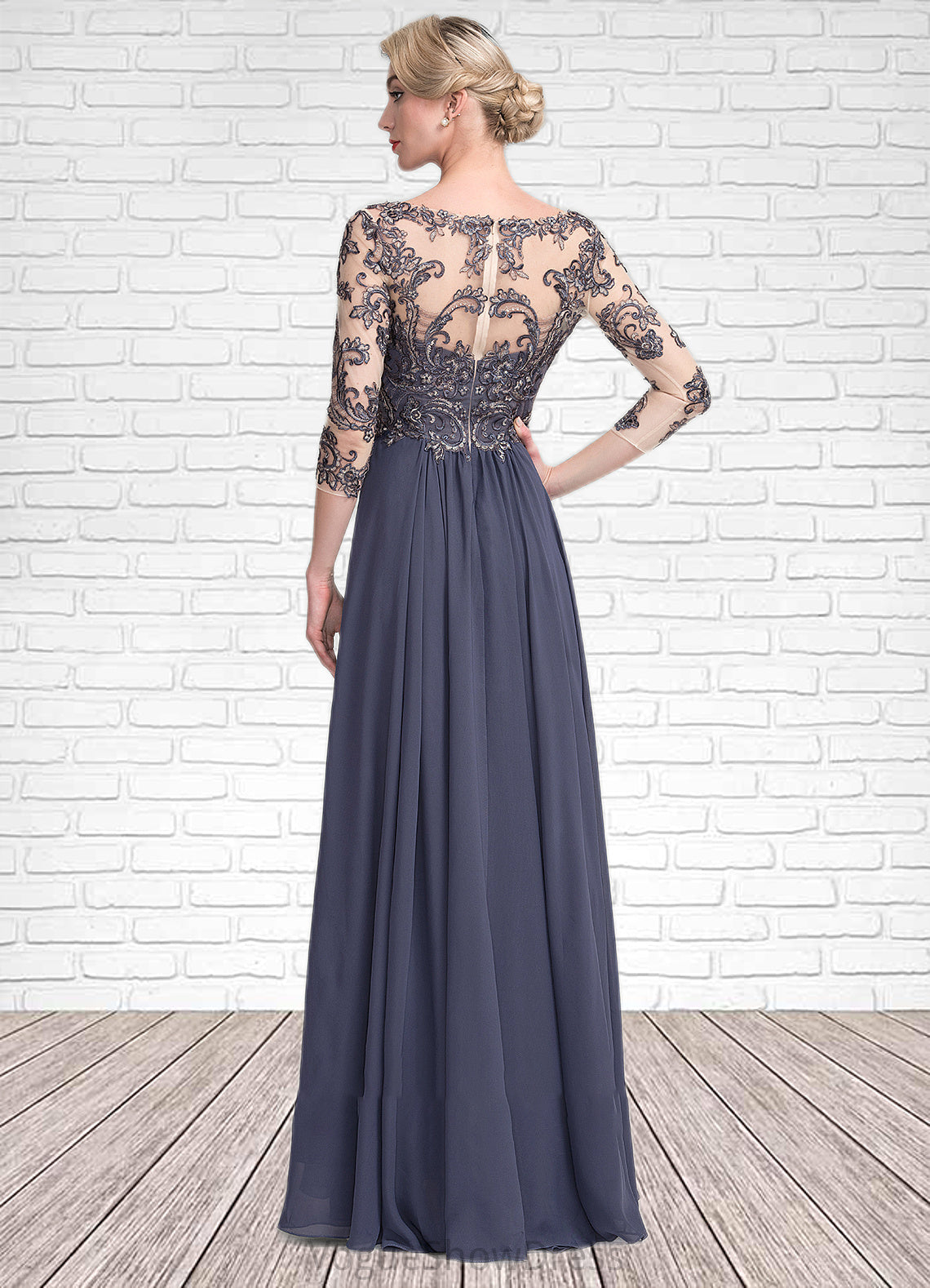 Aubrey A-Line V-neck Floor-Length Chiffon Lace Mother of the Bride Dress DL126P0014659