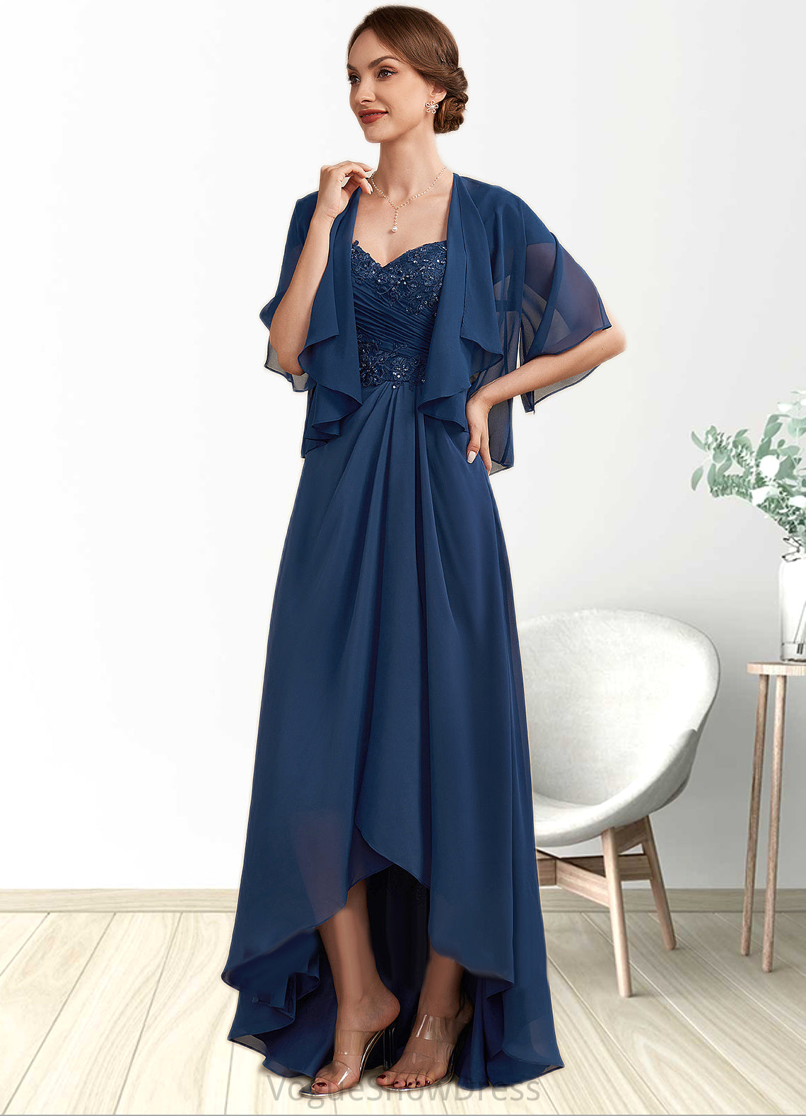 Paris A-Line Sweetheart Asymmetrical Chiffon Lace Mother of the Bride Dress With Ruffle Beading Sequins DL126P0014663