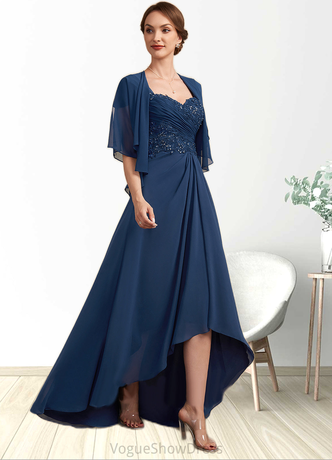 Paris A-Line Sweetheart Asymmetrical Chiffon Lace Mother of the Bride Dress With Ruffle Beading Sequins DL126P0014663