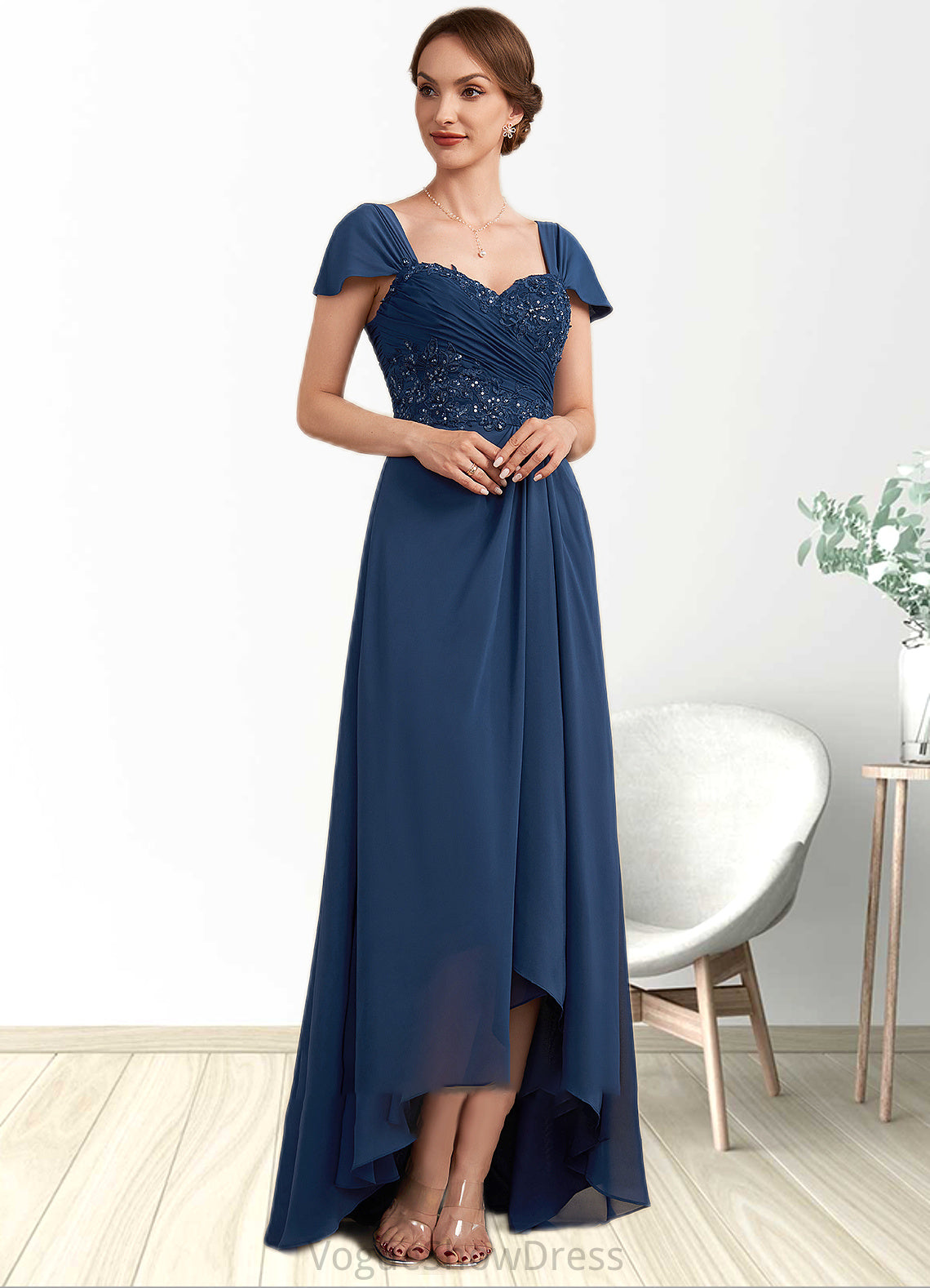 Paris A-Line Sweetheart Asymmetrical Chiffon Lace Mother of the Bride Dress With Ruffle Beading Sequins DL126P0014663