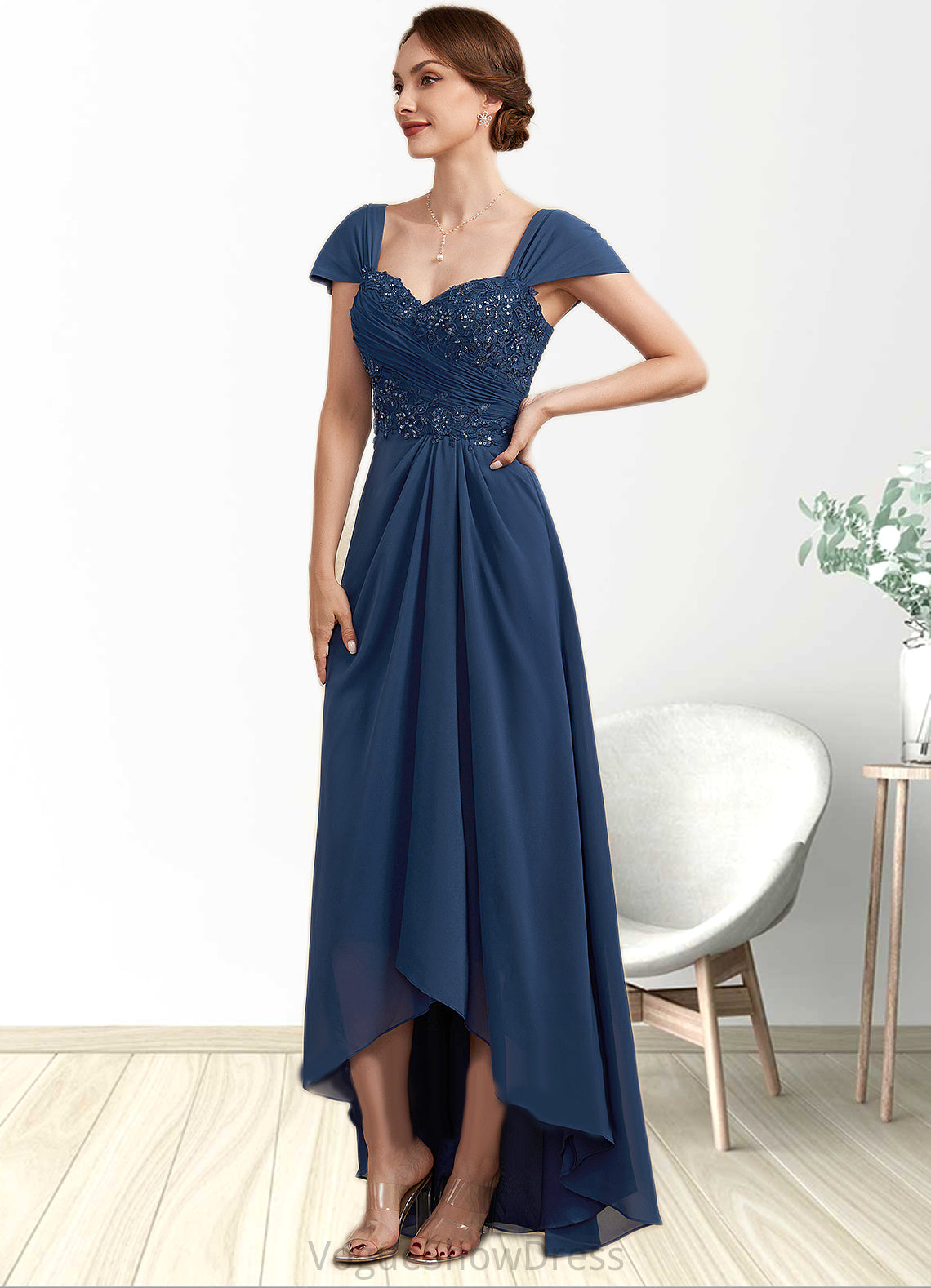 Paris A-Line Sweetheart Asymmetrical Chiffon Lace Mother of the Bride Dress With Ruffle Beading Sequins DL126P0014663