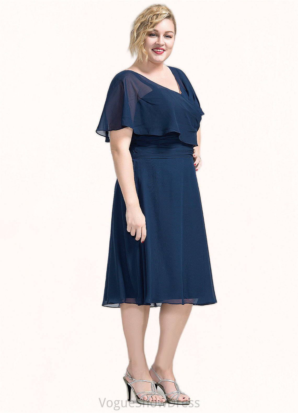 Lilian A-Line V-neck Knee-Length Chiffon Mother of the Bride Dress With Ruffle DL126P0014664