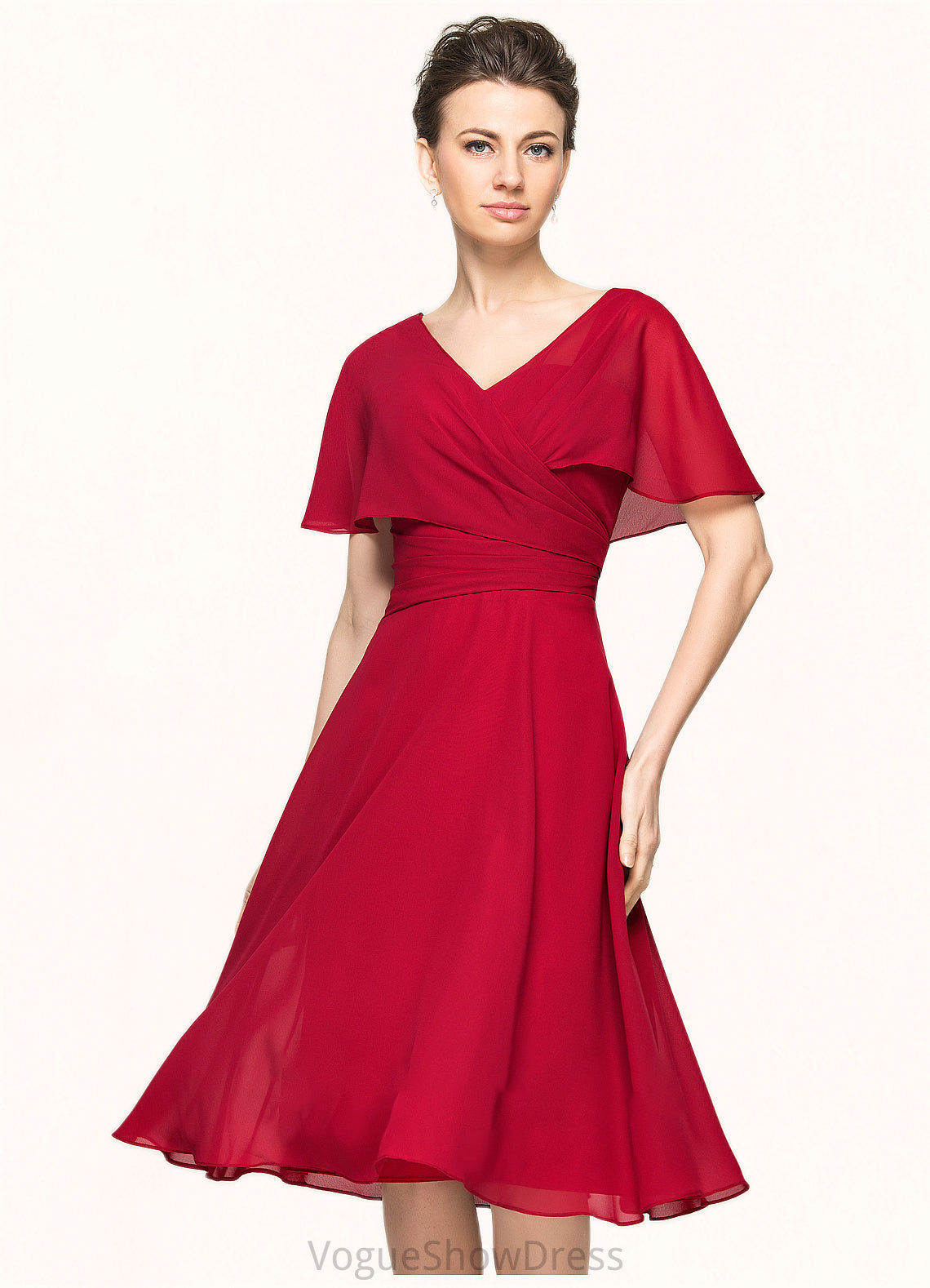 Lilian A-Line V-neck Knee-Length Chiffon Mother of the Bride Dress With Ruffle DL126P0014664