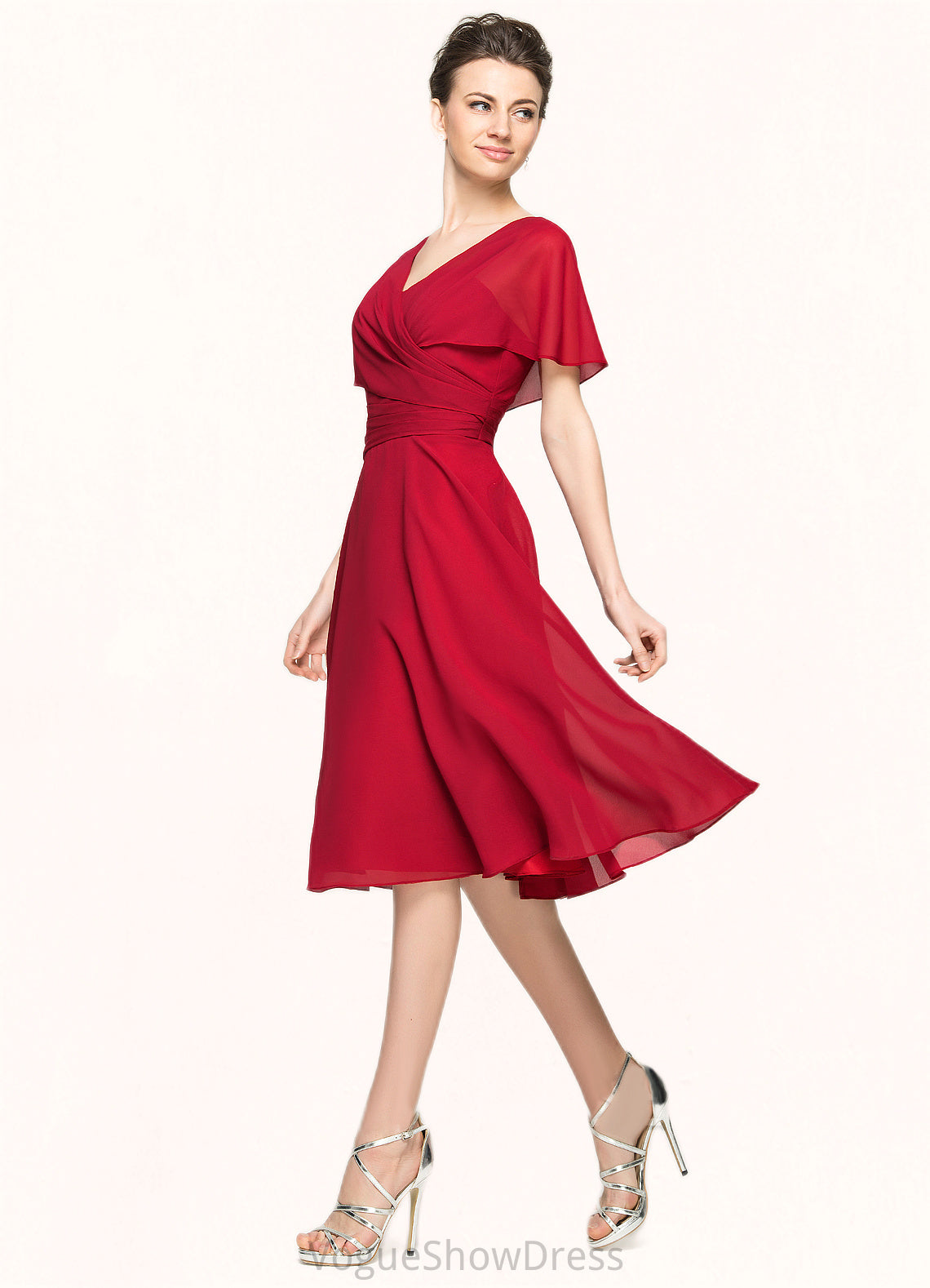 Lilian A-Line V-neck Knee-Length Chiffon Mother of the Bride Dress With Ruffle DL126P0014664