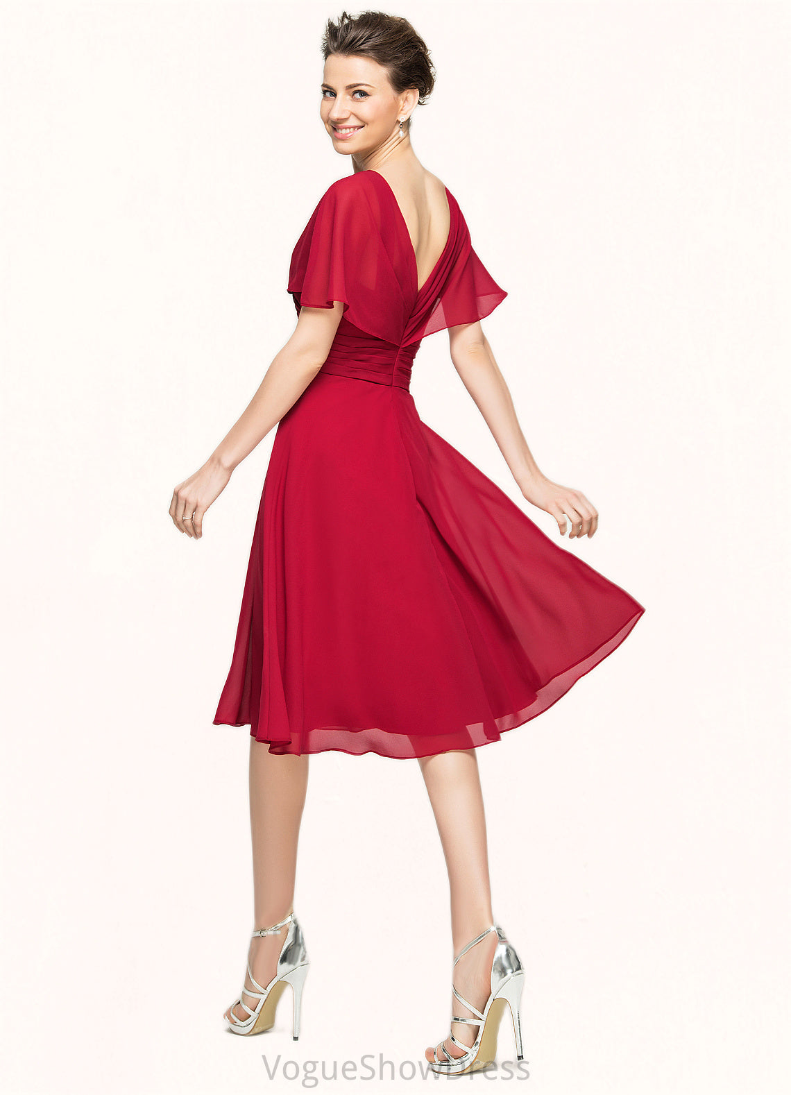 Lilian A-Line V-neck Knee-Length Chiffon Mother of the Bride Dress With Ruffle DL126P0014664