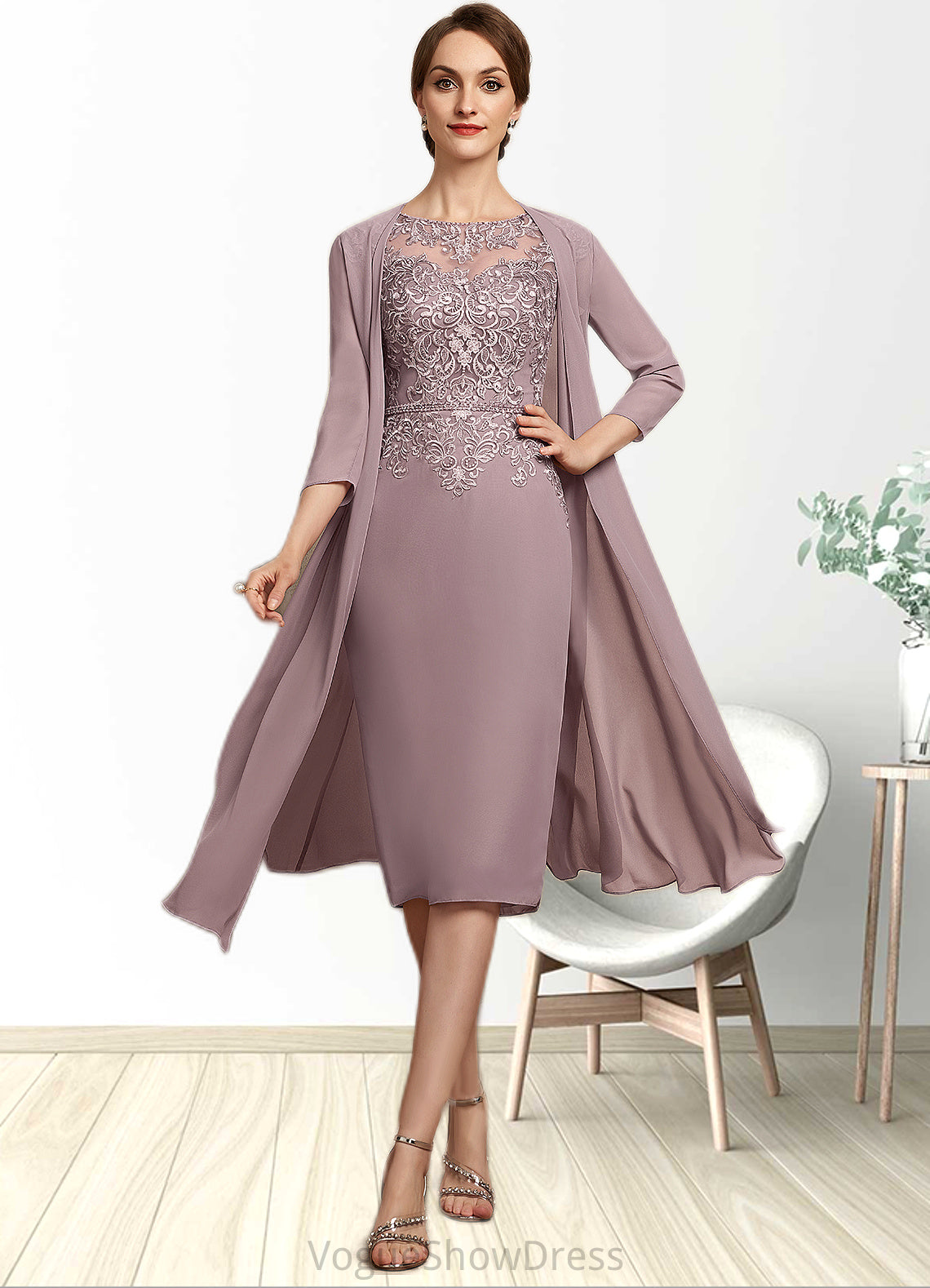 Henrietta Sheath/Column Scoop Neck Knee-Length Chiffon Lace Mother of the Bride Dress With Beading Sequins DL126P0014666