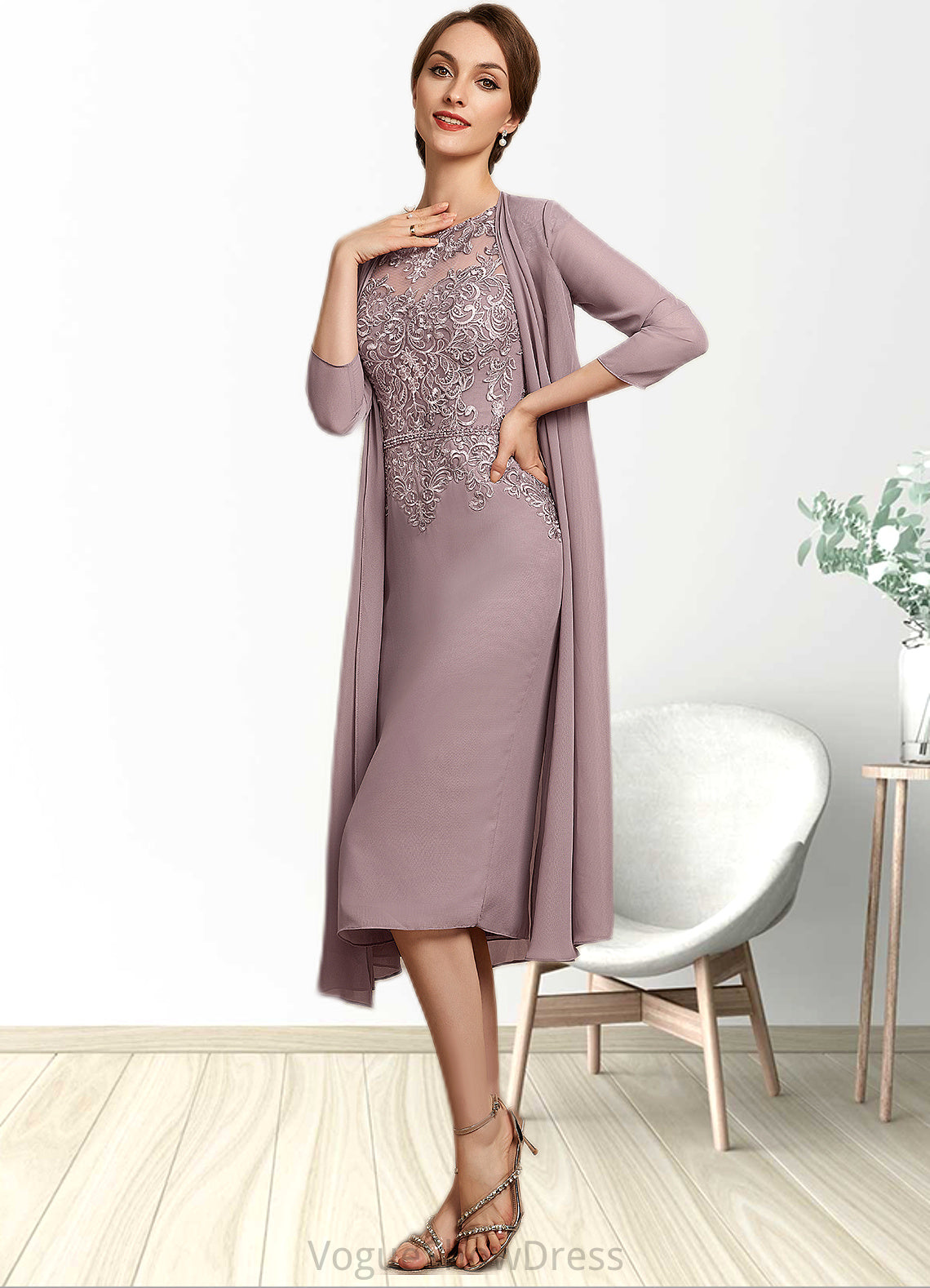 Henrietta Sheath/Column Scoop Neck Knee-Length Chiffon Lace Mother of the Bride Dress With Beading Sequins DL126P0014666