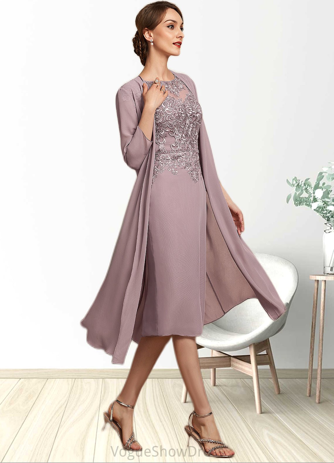 Henrietta Sheath/Column Scoop Neck Knee-Length Chiffon Lace Mother of the Bride Dress With Beading Sequins DL126P0014666